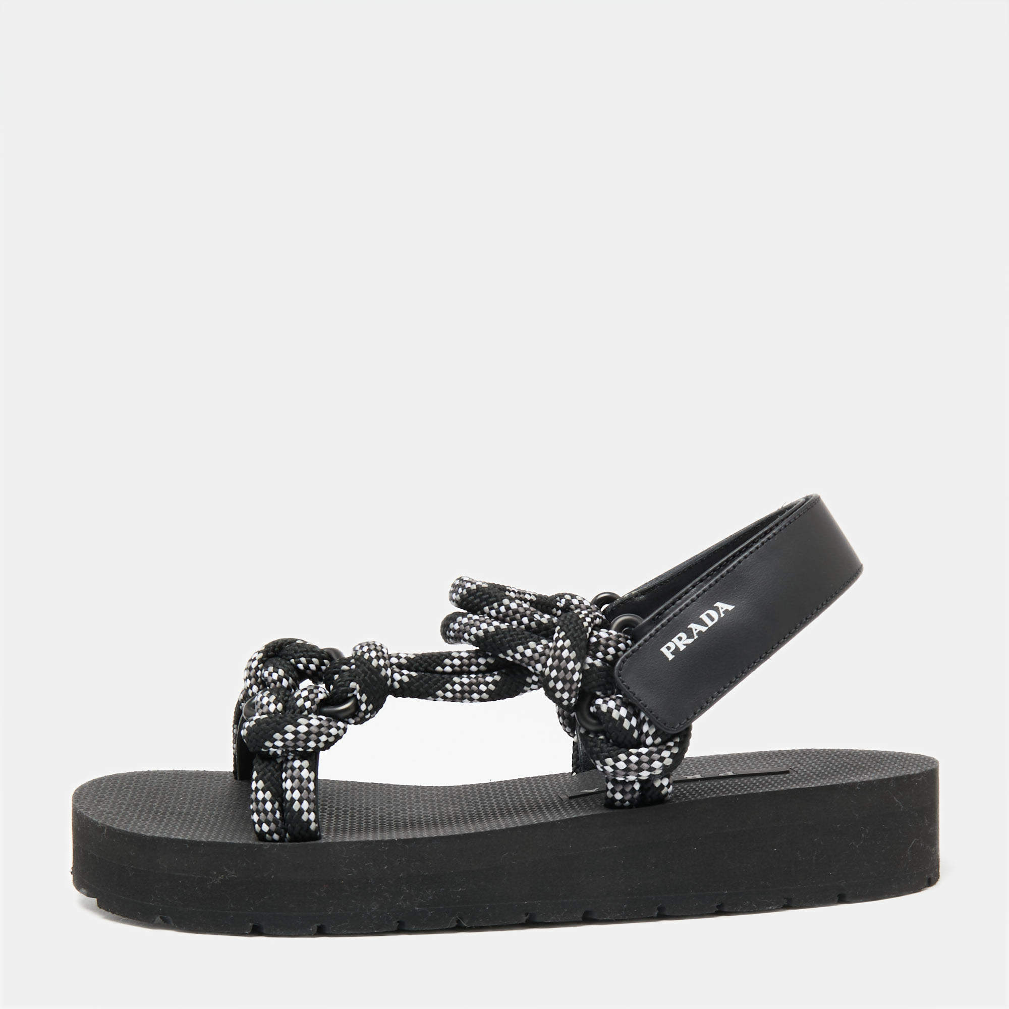 Pre Owned Prada Black/White Leather And Rope Donna Nastro Platform Sandals Size 39