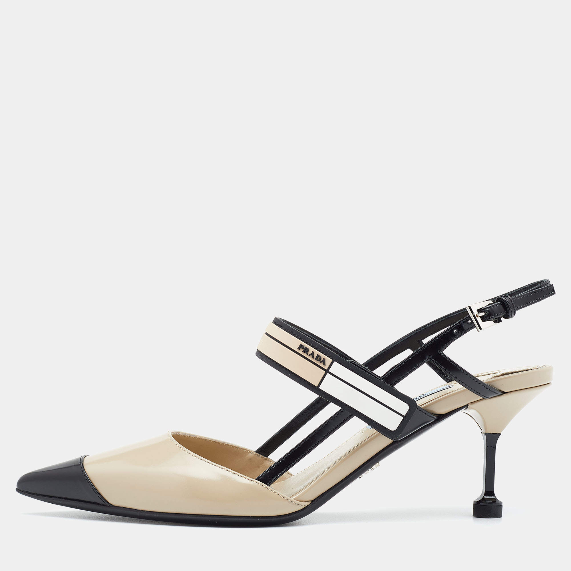 Pre Owned Prada Beige/Black Leather Slingback 65 Kitten Heel Pumps Size 37