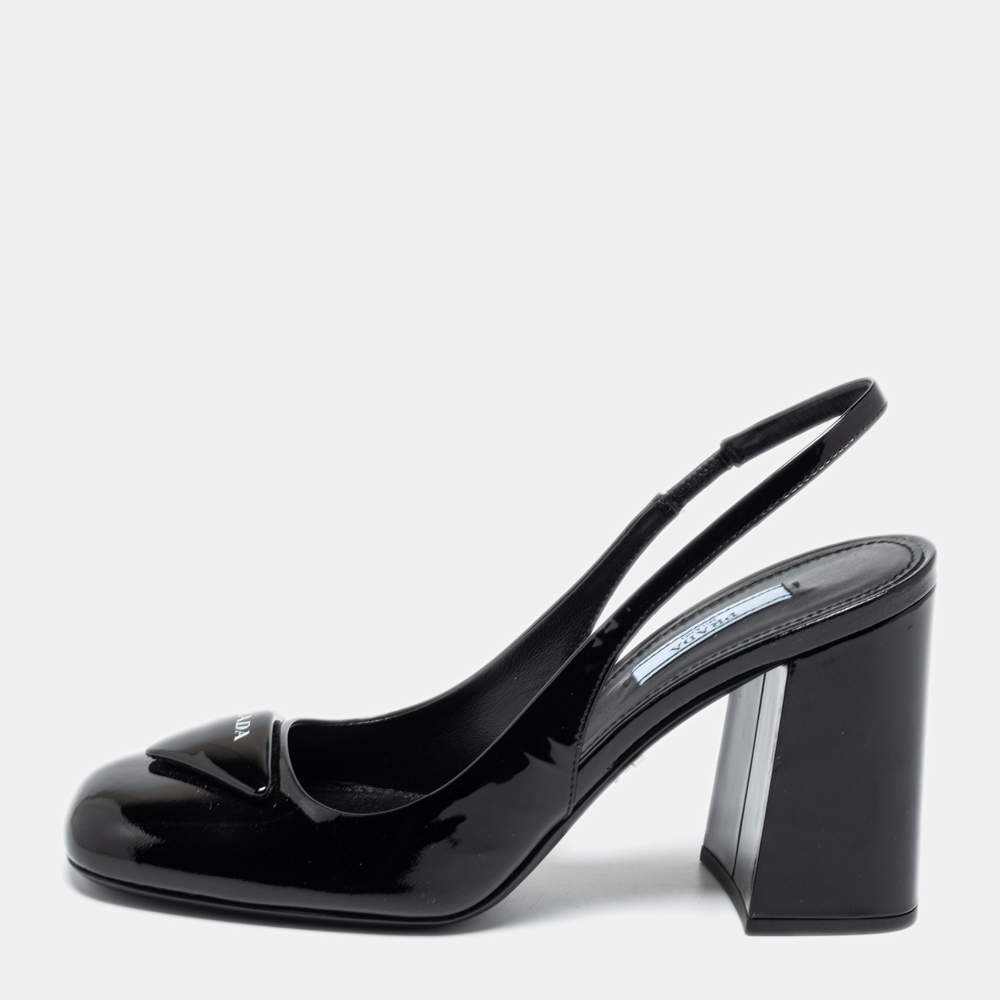 Pre Owned Prada Black Patent Leather Slingback Sandals Size 37.5