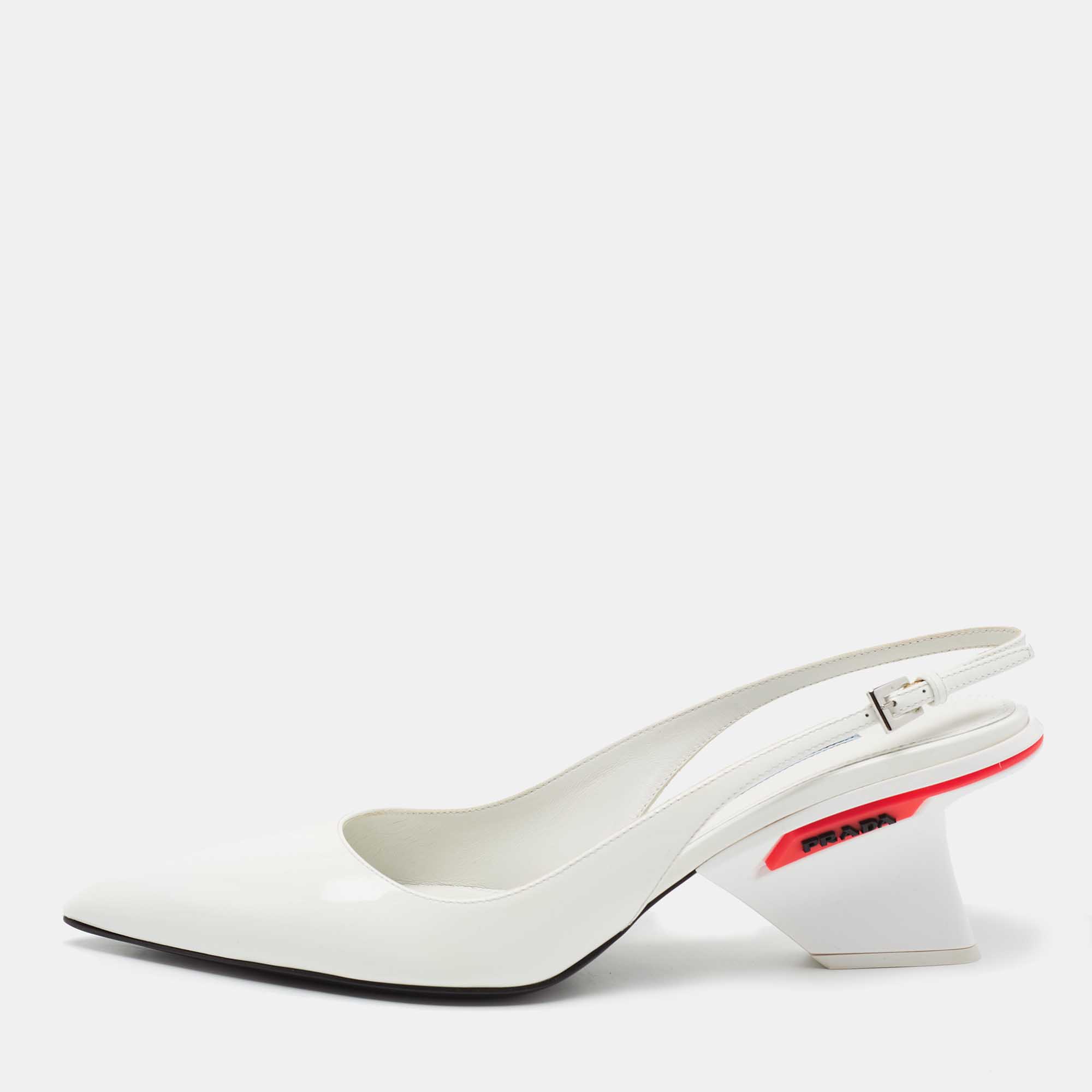Pre Owned Prada White Patent Leather Pointed-Toe Slingback Pumps Size 39.5