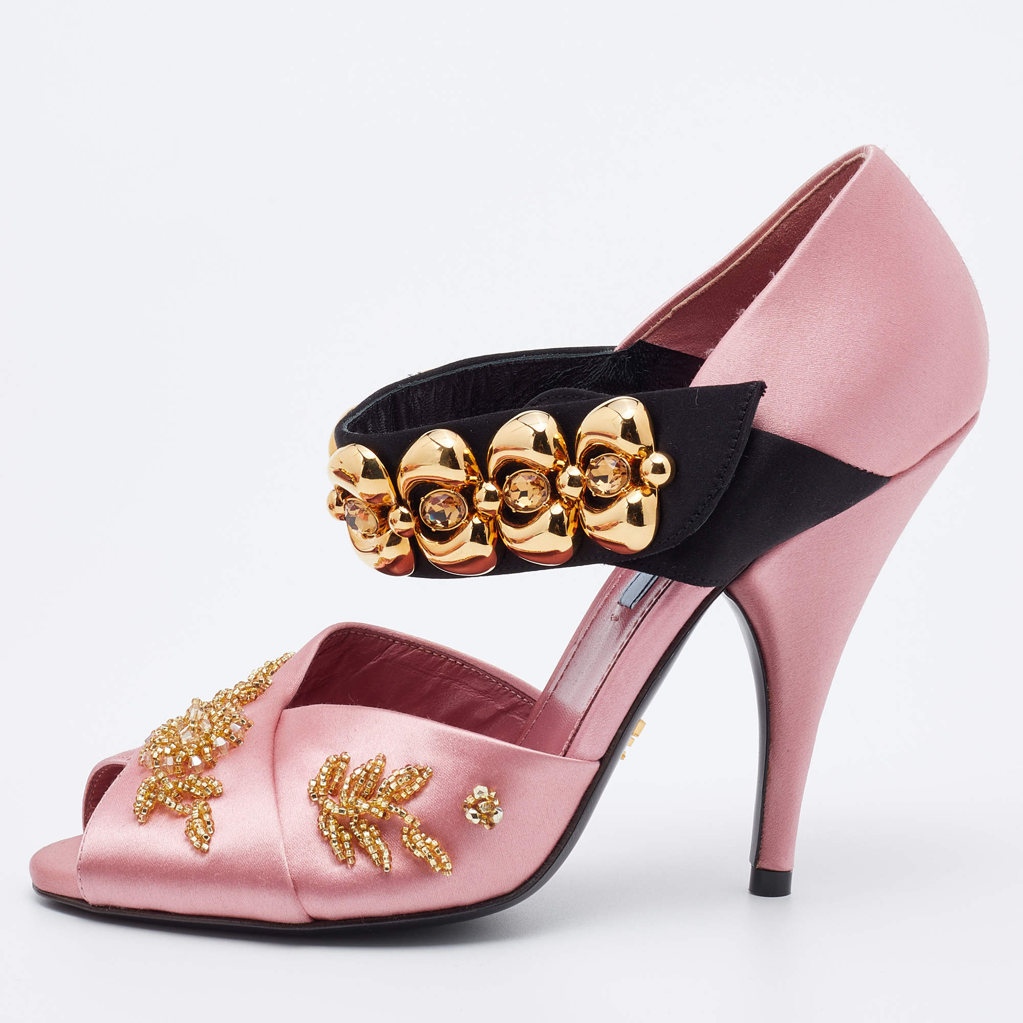 Prada Pink/Black Satin Crystal Embellished Peep Toe Sandals Size 38 Prada |  TLC