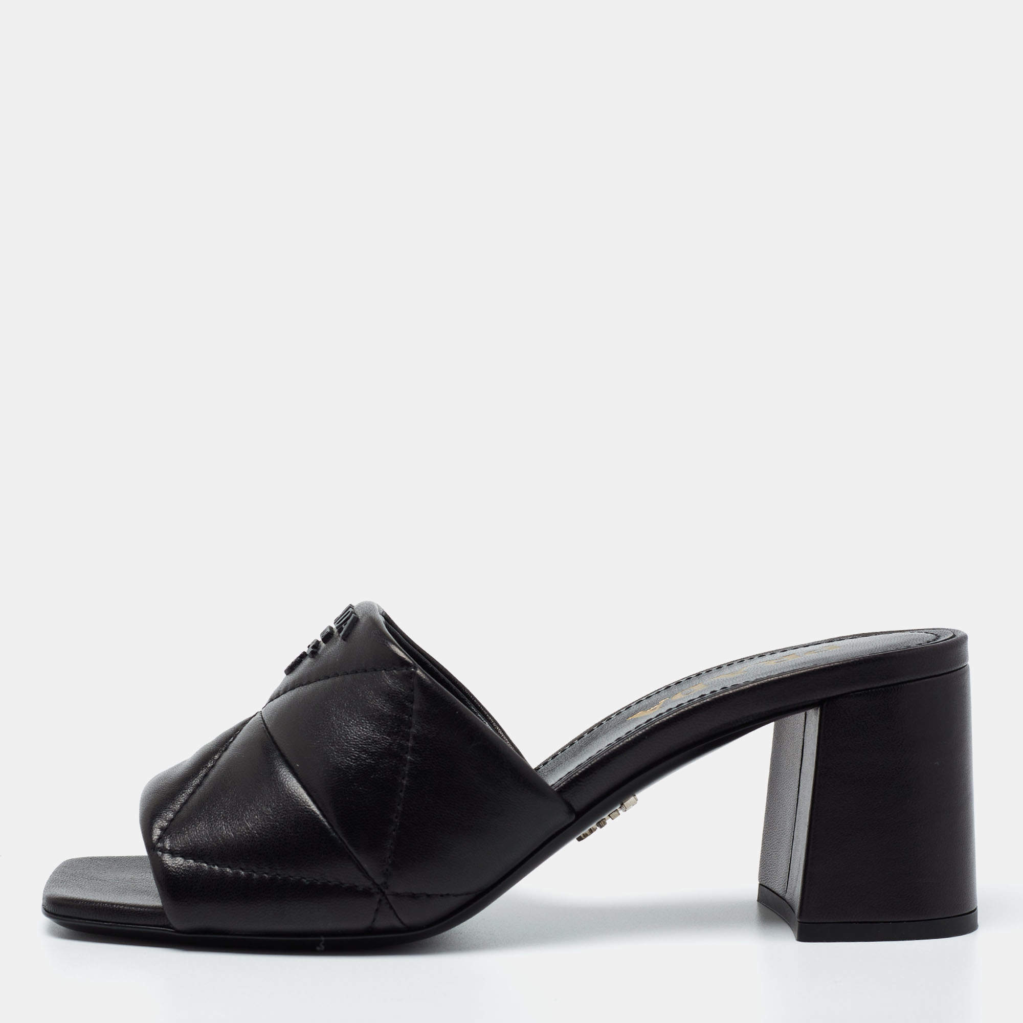 Pre Owned Prada Black Leather Quilted Block Heel Slide Sandals Size 36