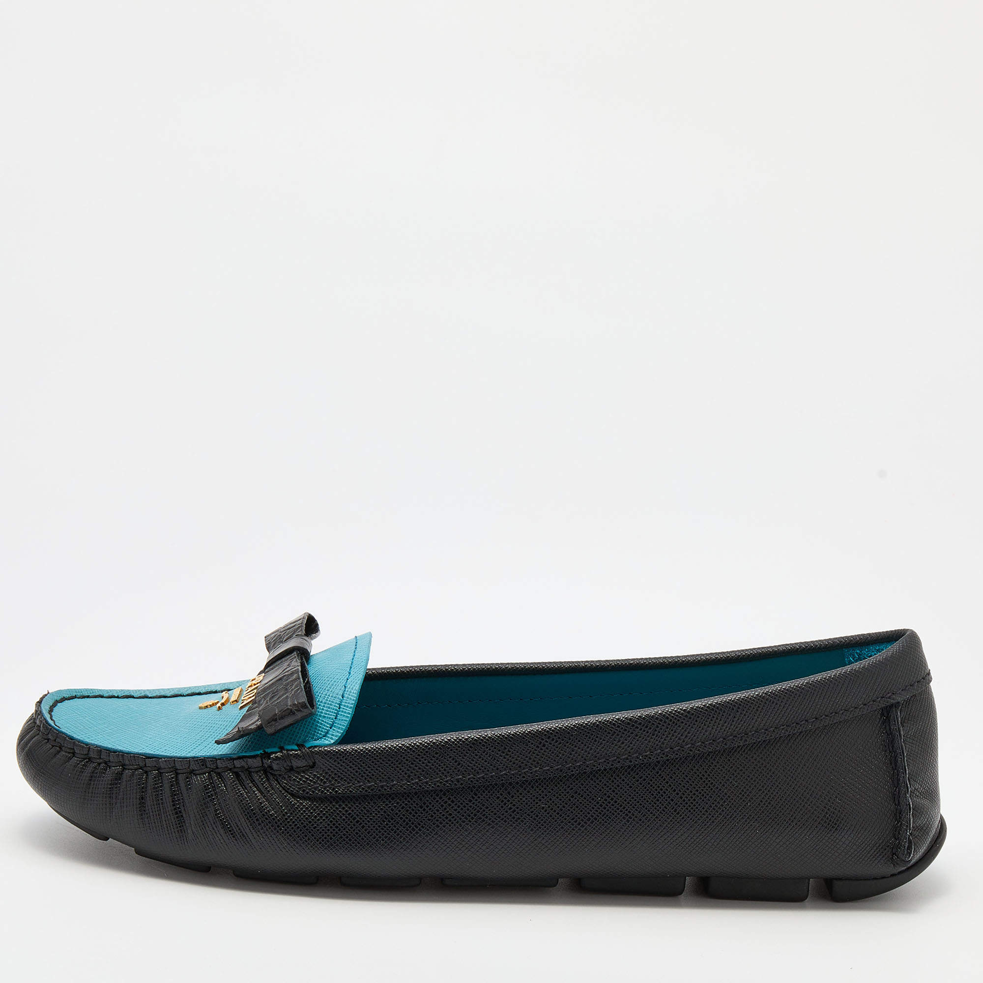 Prada Black/Blue Leather Bow Logo Embellished Loafers Size 38
