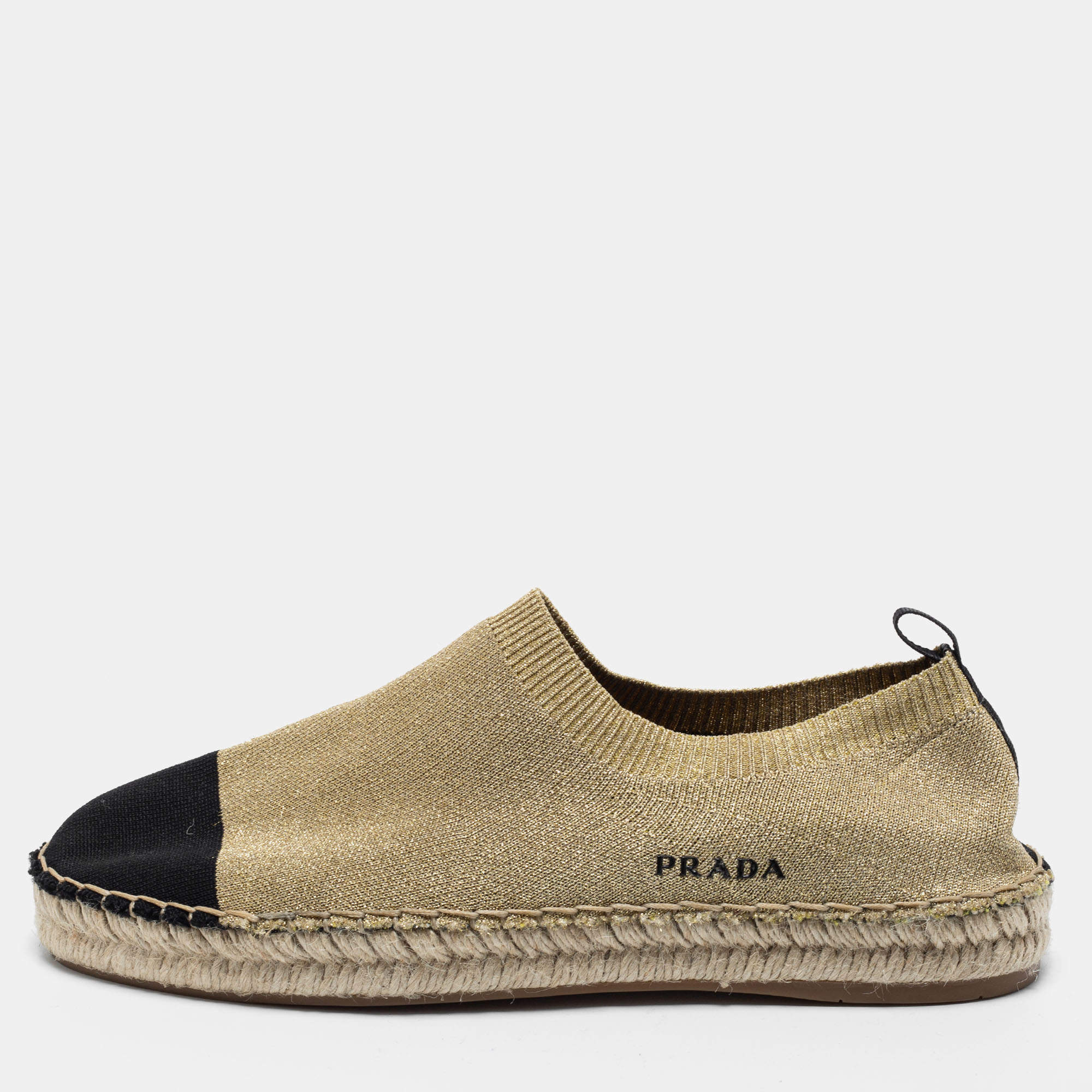 Prada Shimmery Gold/Black Knit Fabric Espadrille Flats Size 40 Prada | TLC