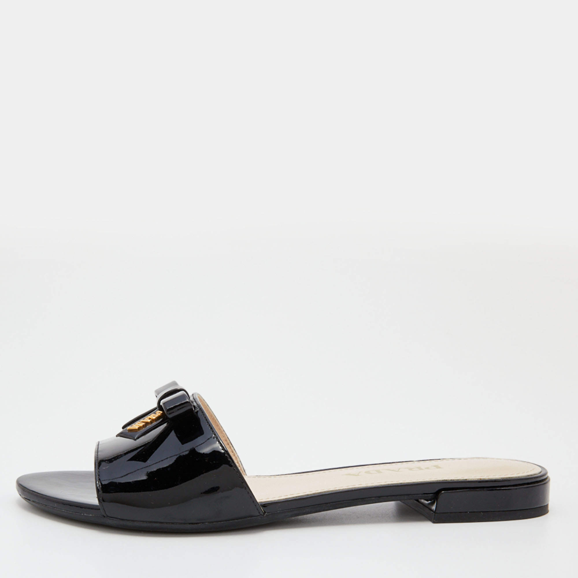 Prada Black Patent Leather Logo Bow Detail Flat Slides Size 36.5