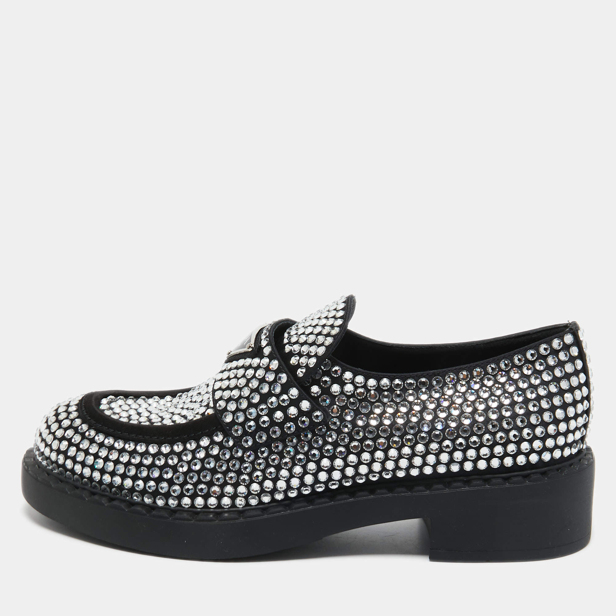 Prada Black Satin Crystal Embellished Loafers Size 38 Prada