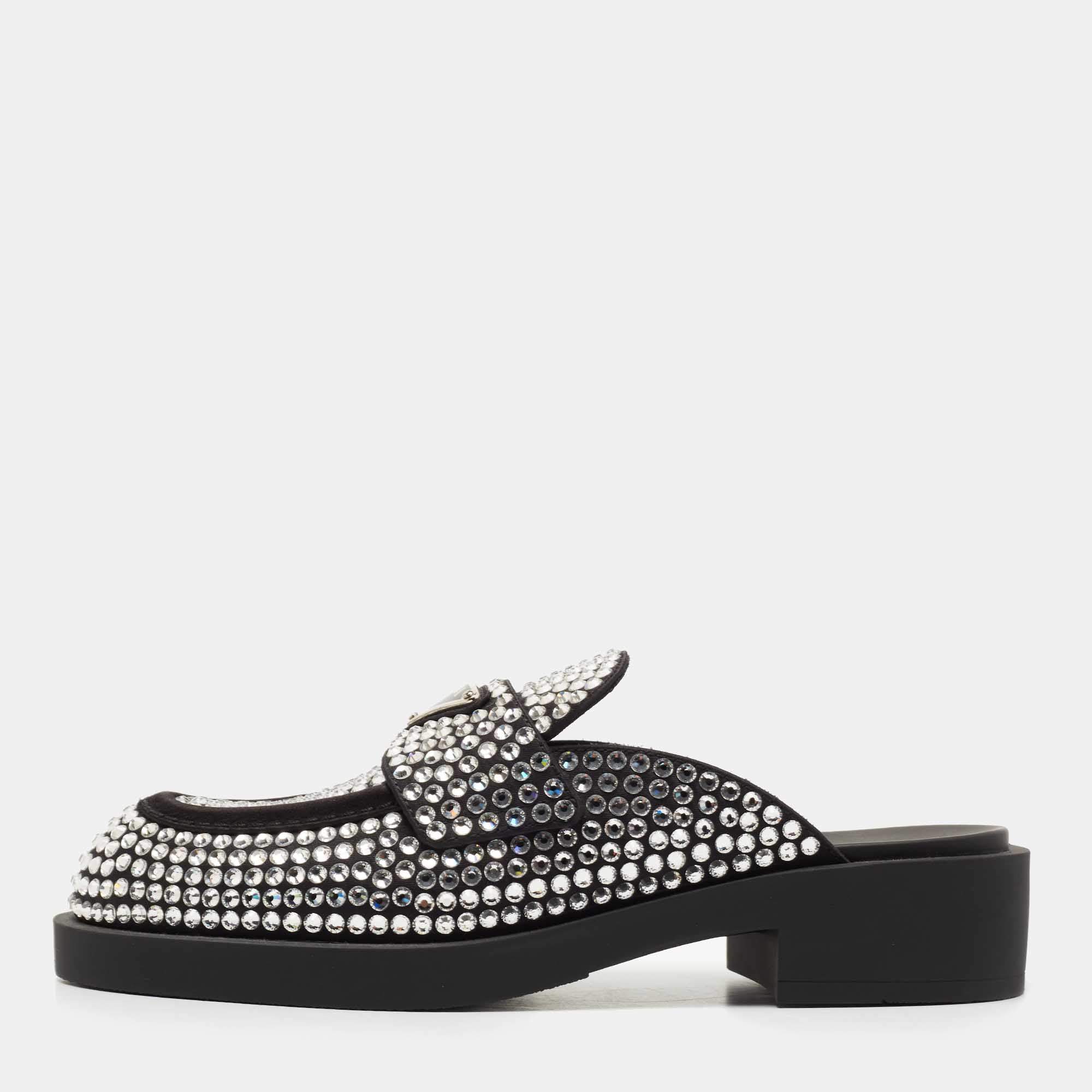 Prada Black Satin Crystal Embellished Mules Size 36