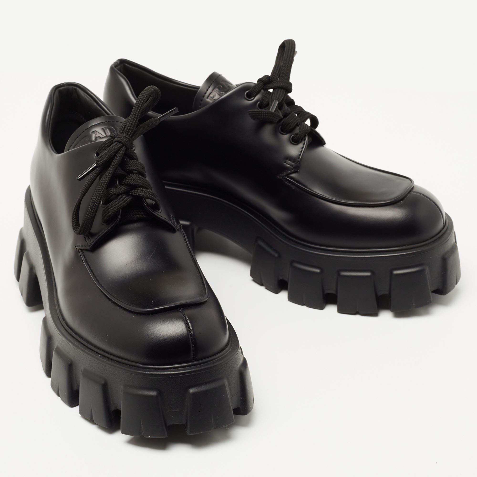 Prada Black Leather Monolith Platform Derby Size 38.5