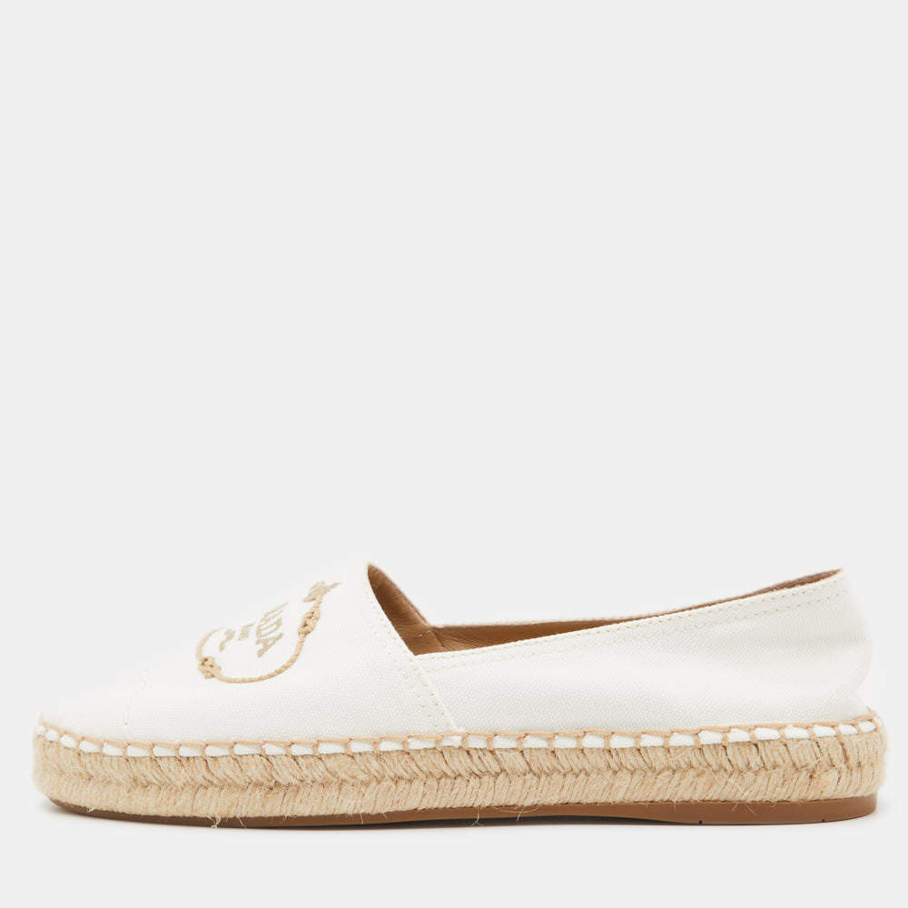 Prada Off White Canvas Embroidered Logo Espadrille Flats Size 39