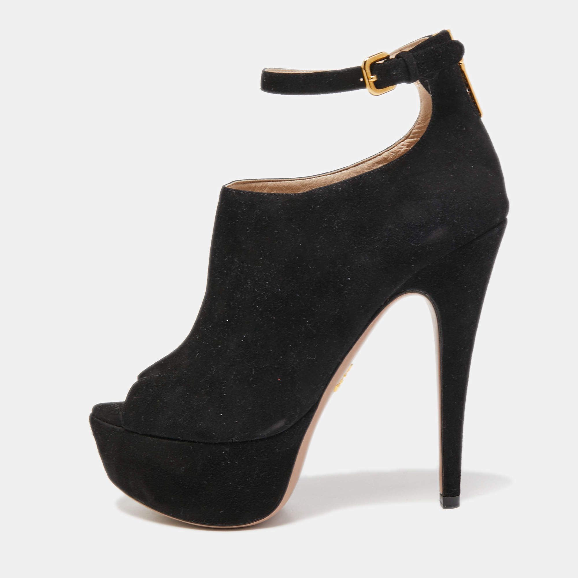 Prada Black Suede Peep Toe Platform Ankle Strap Booties Size 37.5