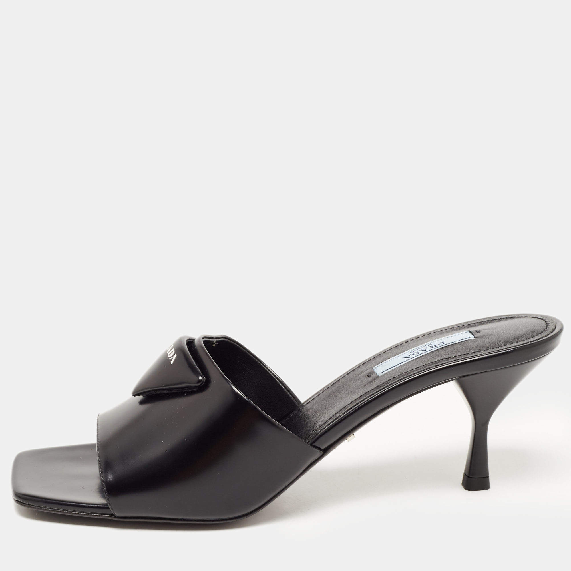 Prada Black Leather Brushed Heeled Slides Size 40