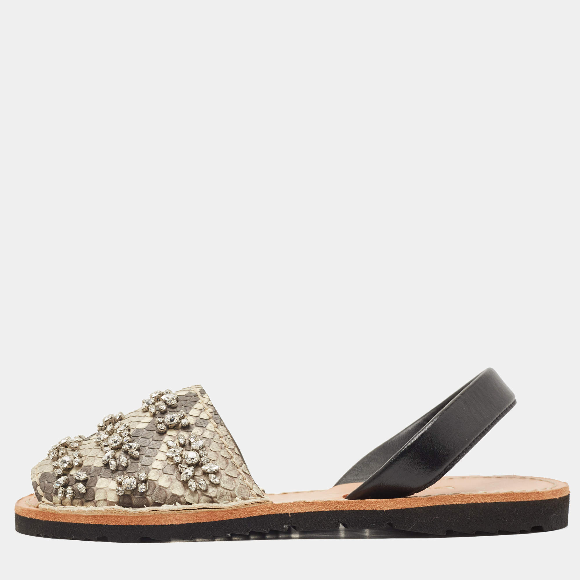 Prada Black/Grey Snakeskin Leather Crystal Embellished Slingback Flats Size 38.5