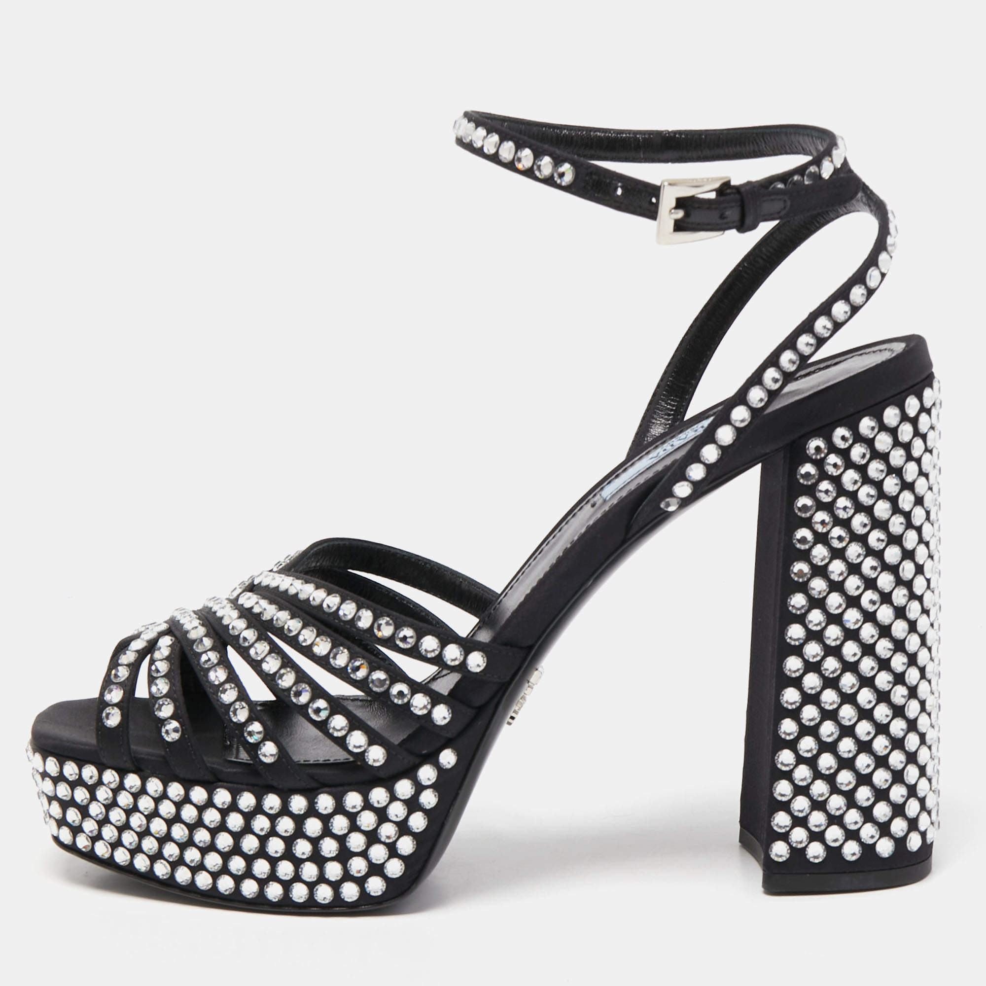 Pre Owned Prada Black Suede Crystal Embellished Ankle Strap Sandals Size 39