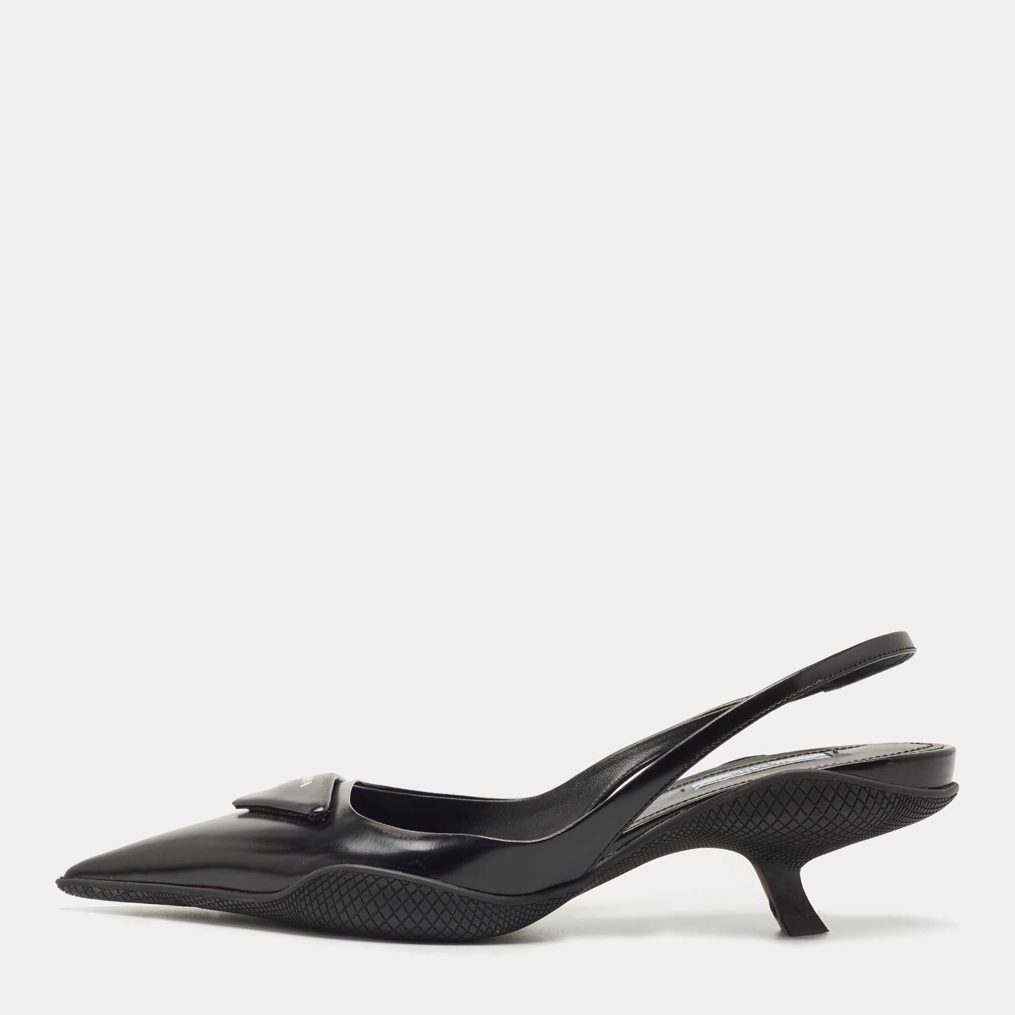 Prada Black Leather Logo Slingback Pumps Size 40