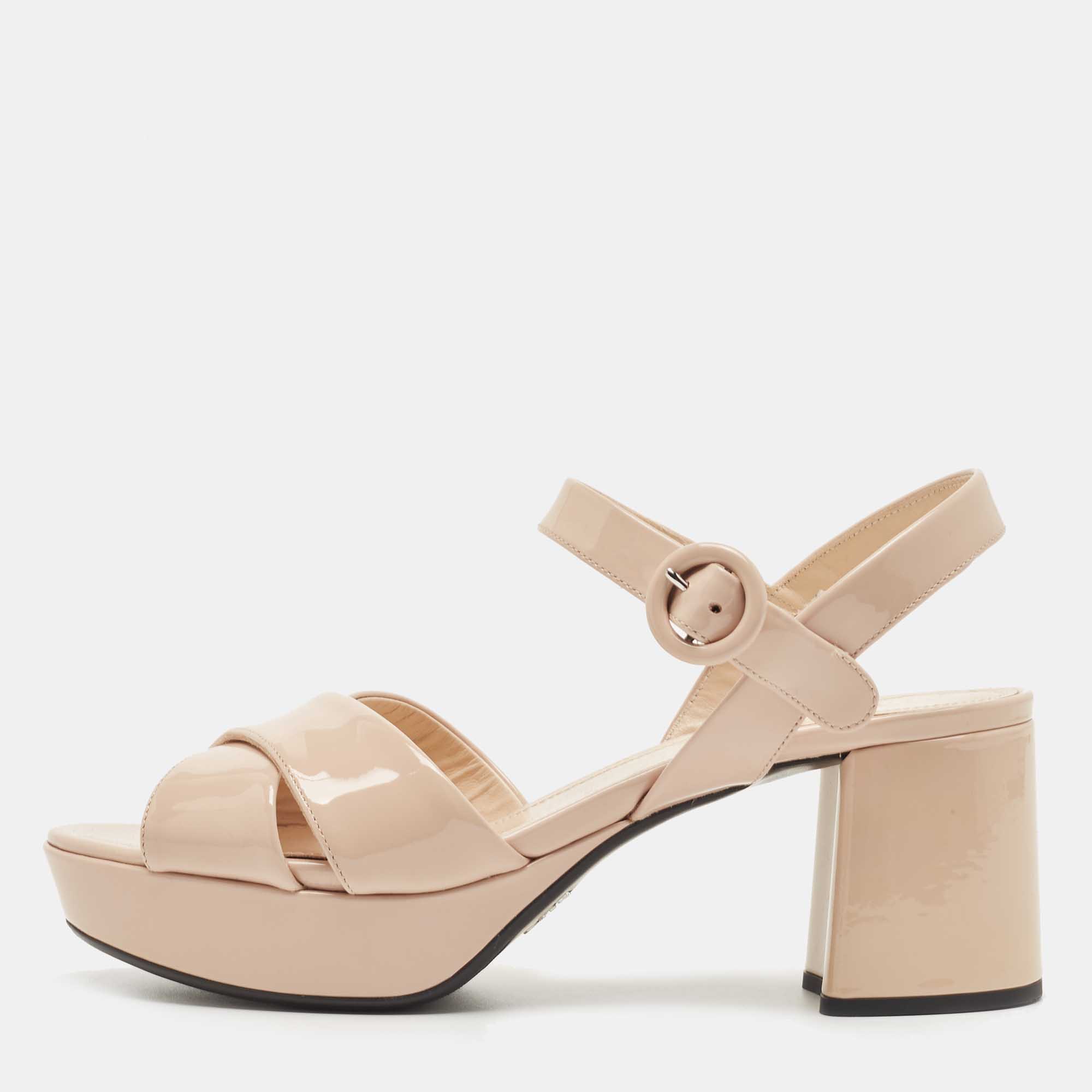 Prada Beige Patent Leather Platform Ankle Strap Sandals Size 38