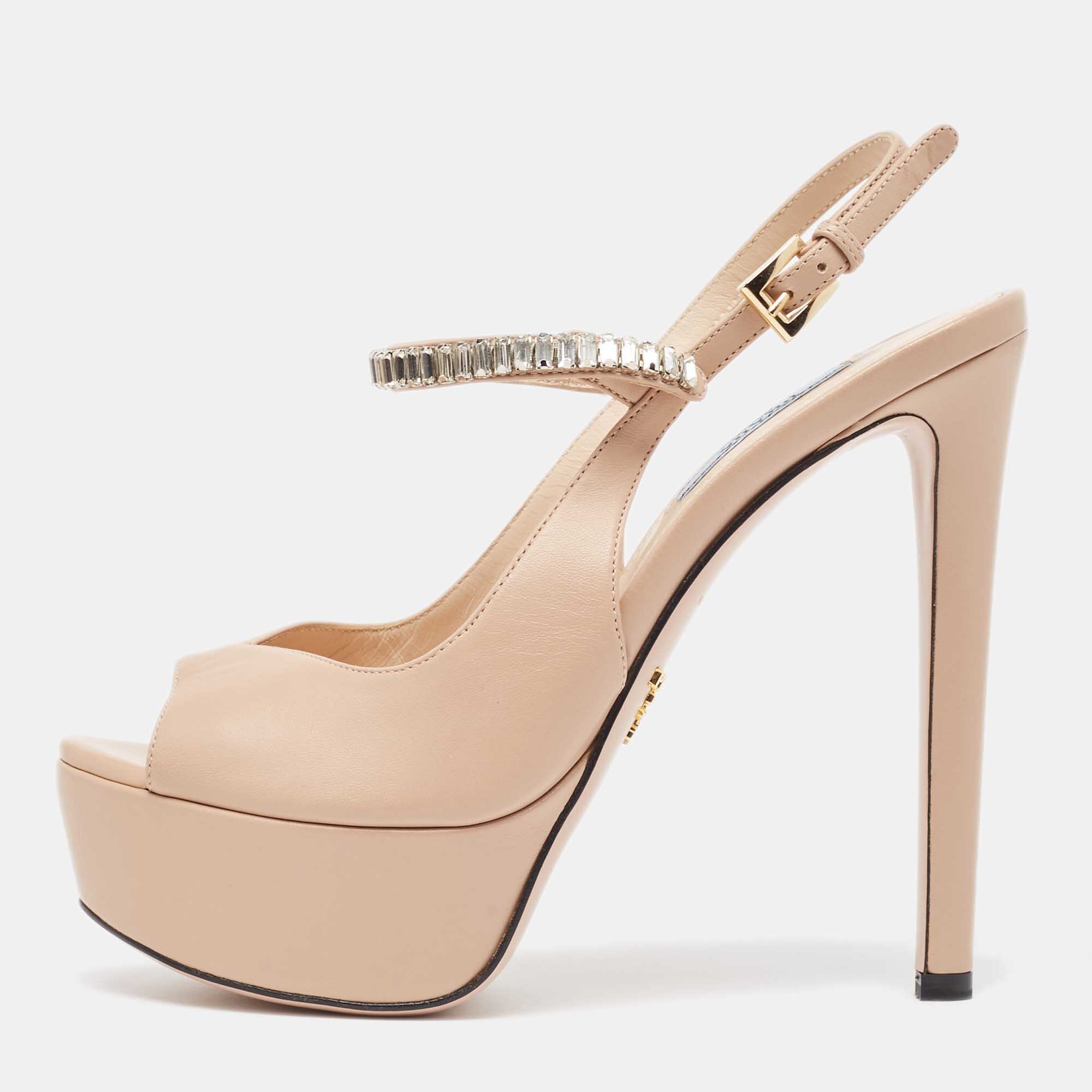 Prada Beige Leather Crystal Embellished Ankle Strap Sandals Size 36.5