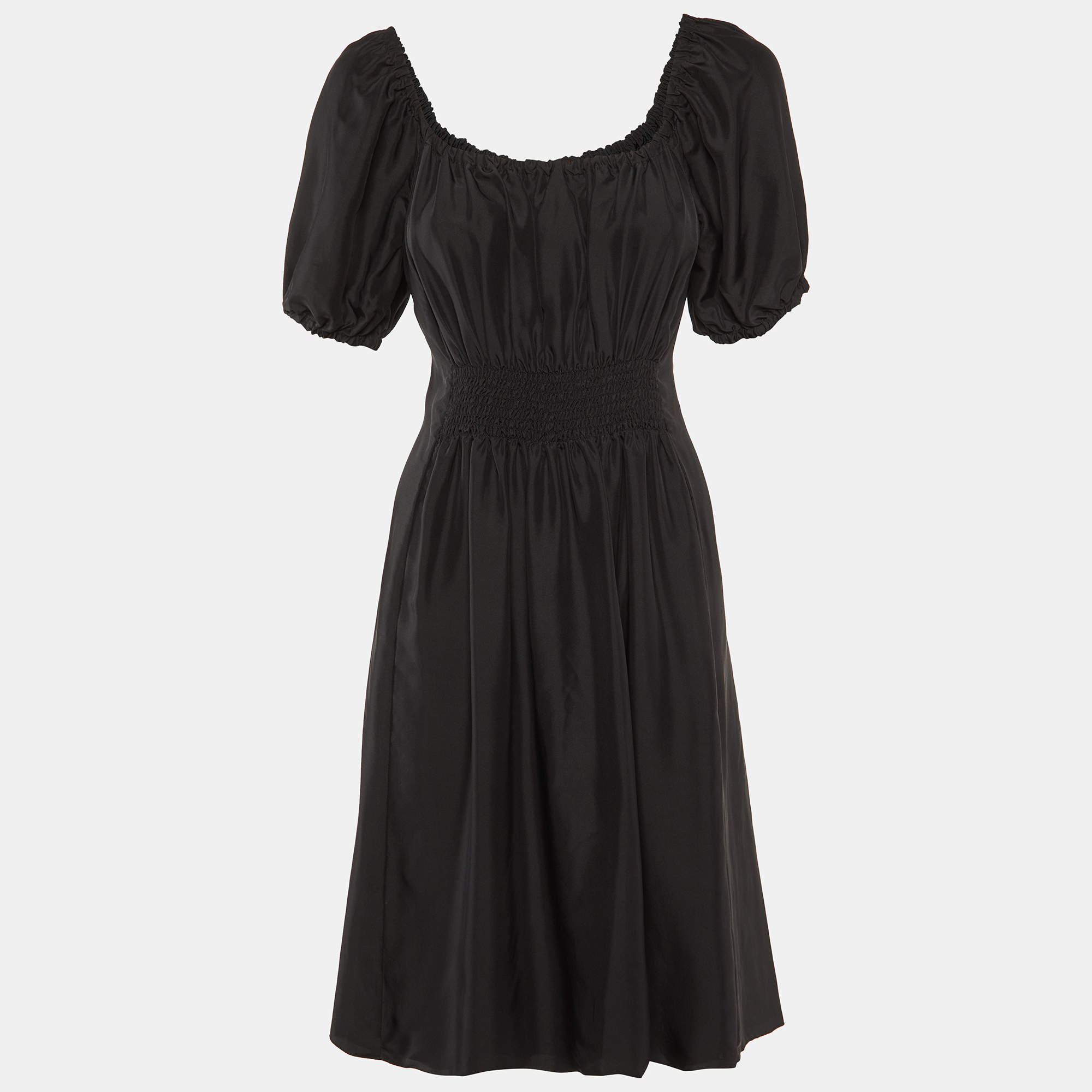 Pre Owned Prada Sport Black Silk Shirring Detail Midi Dress M