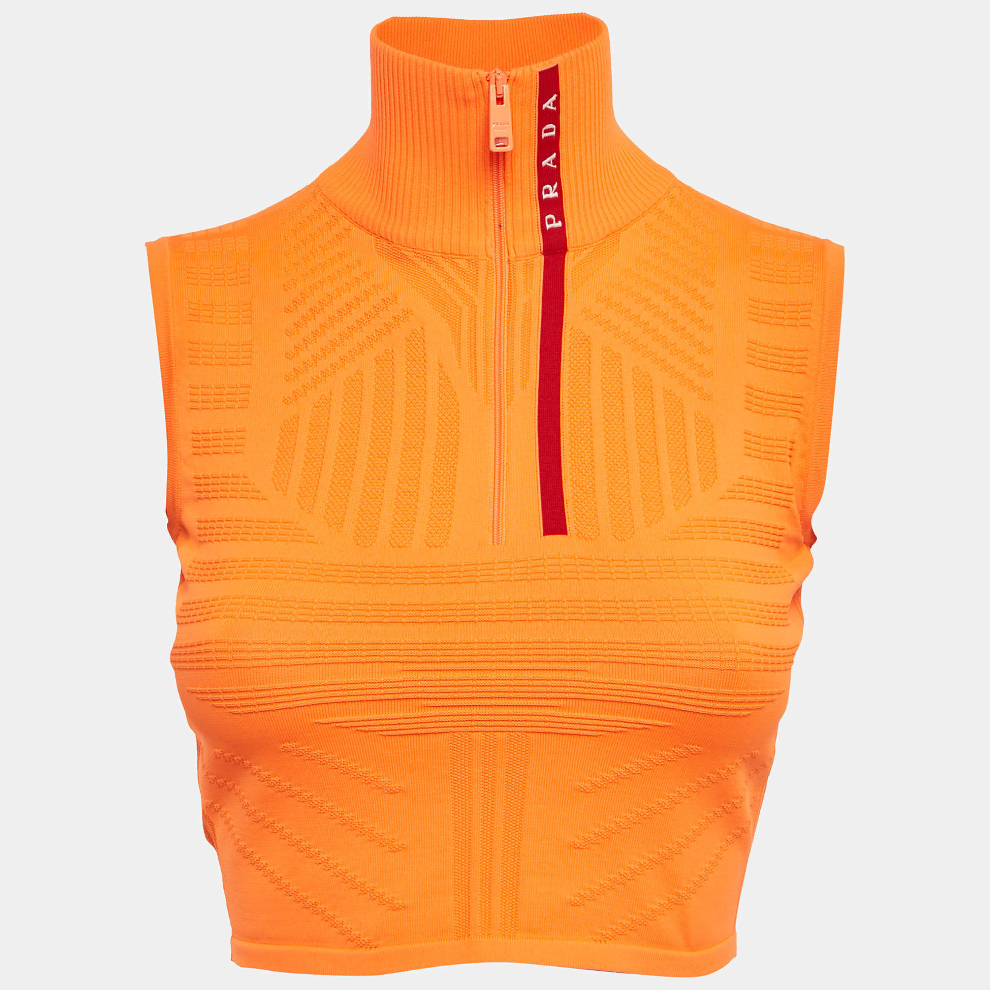 Pre Owned Prada Sport Orange Textured Technical Jersey Crop Top S