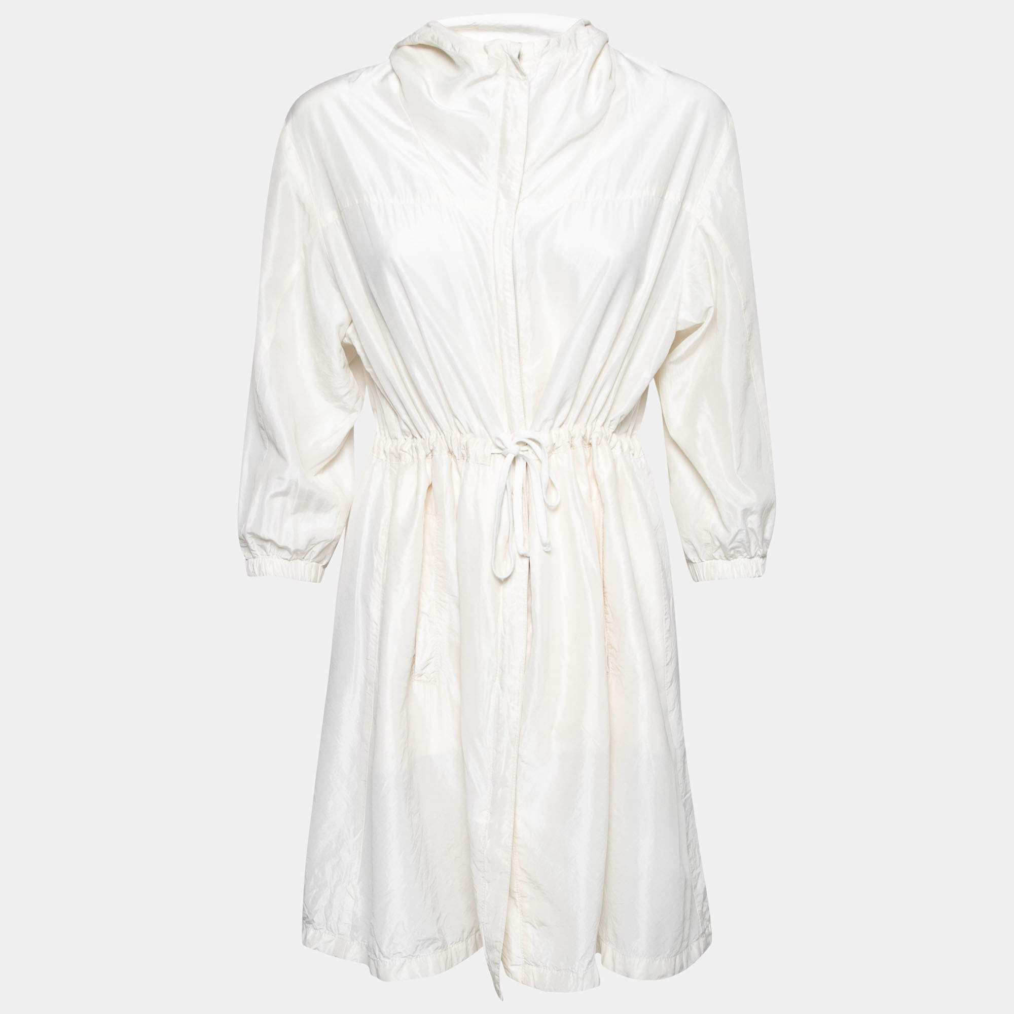 Prada Cream Silk Drawstring Waist Hooded Jacket S