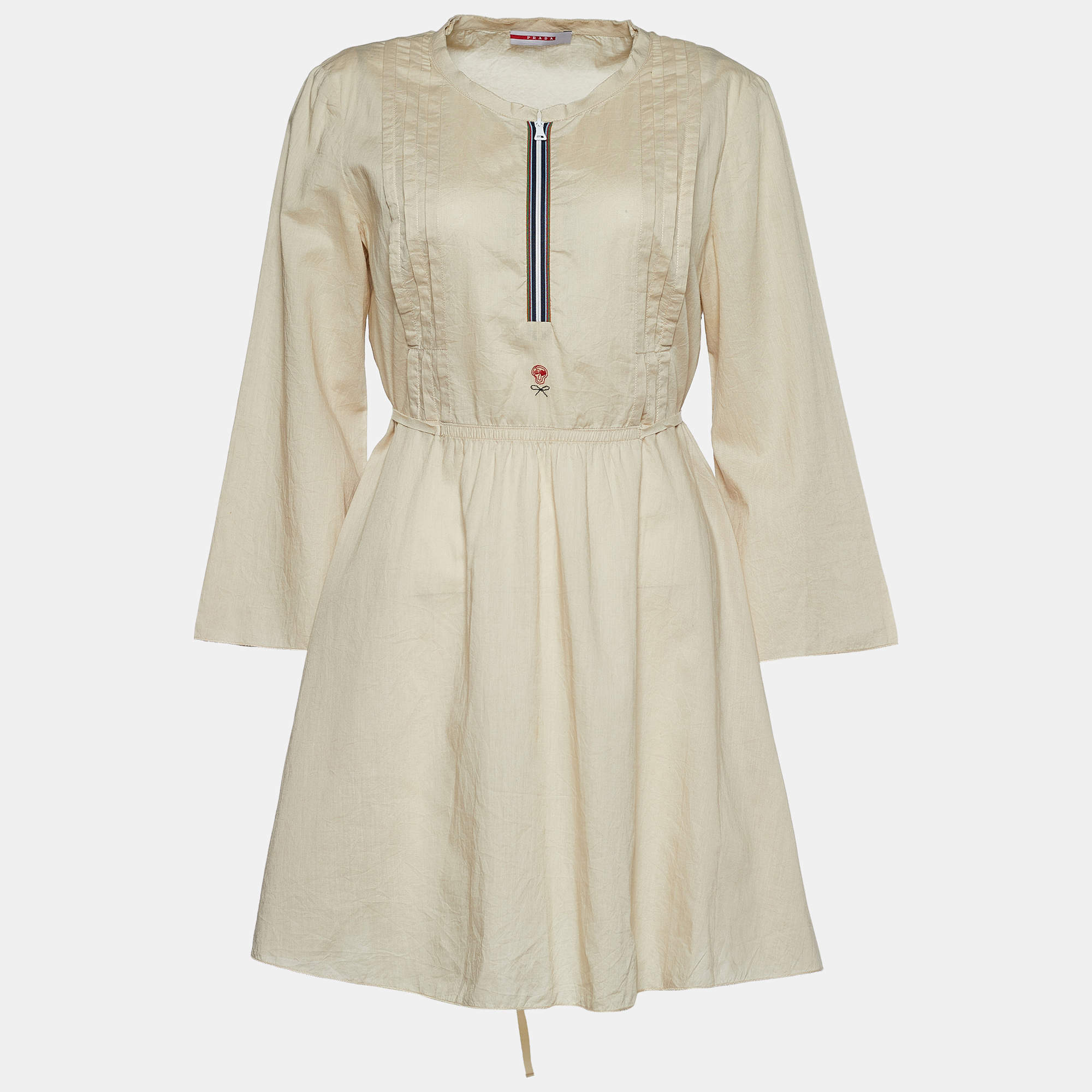 Pre Owned Prada Sport Cream Cotton Zip Front Belt Detail Mini Dress L