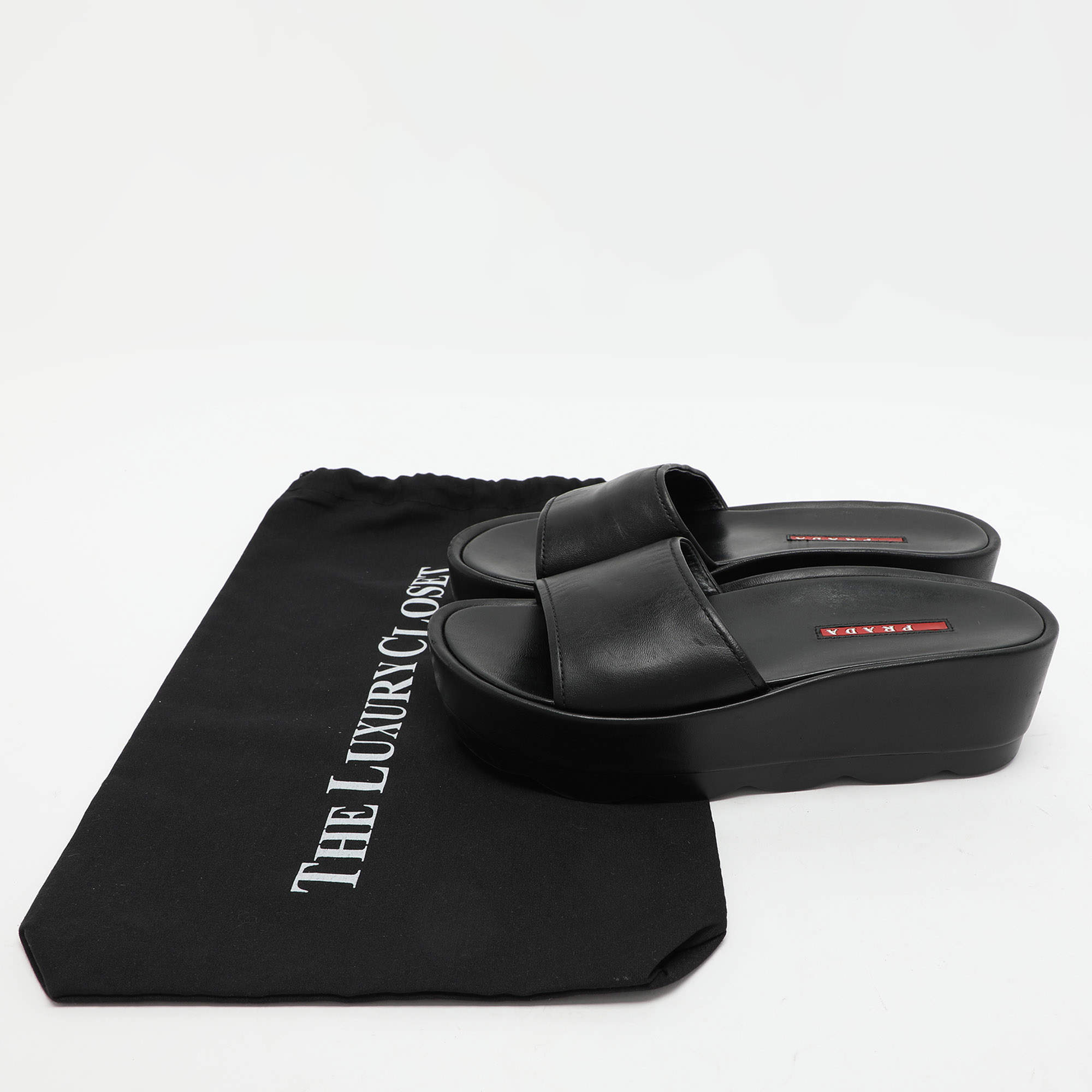 Prada Sport Black Patent Leather Wedge Platform Ankle Strap