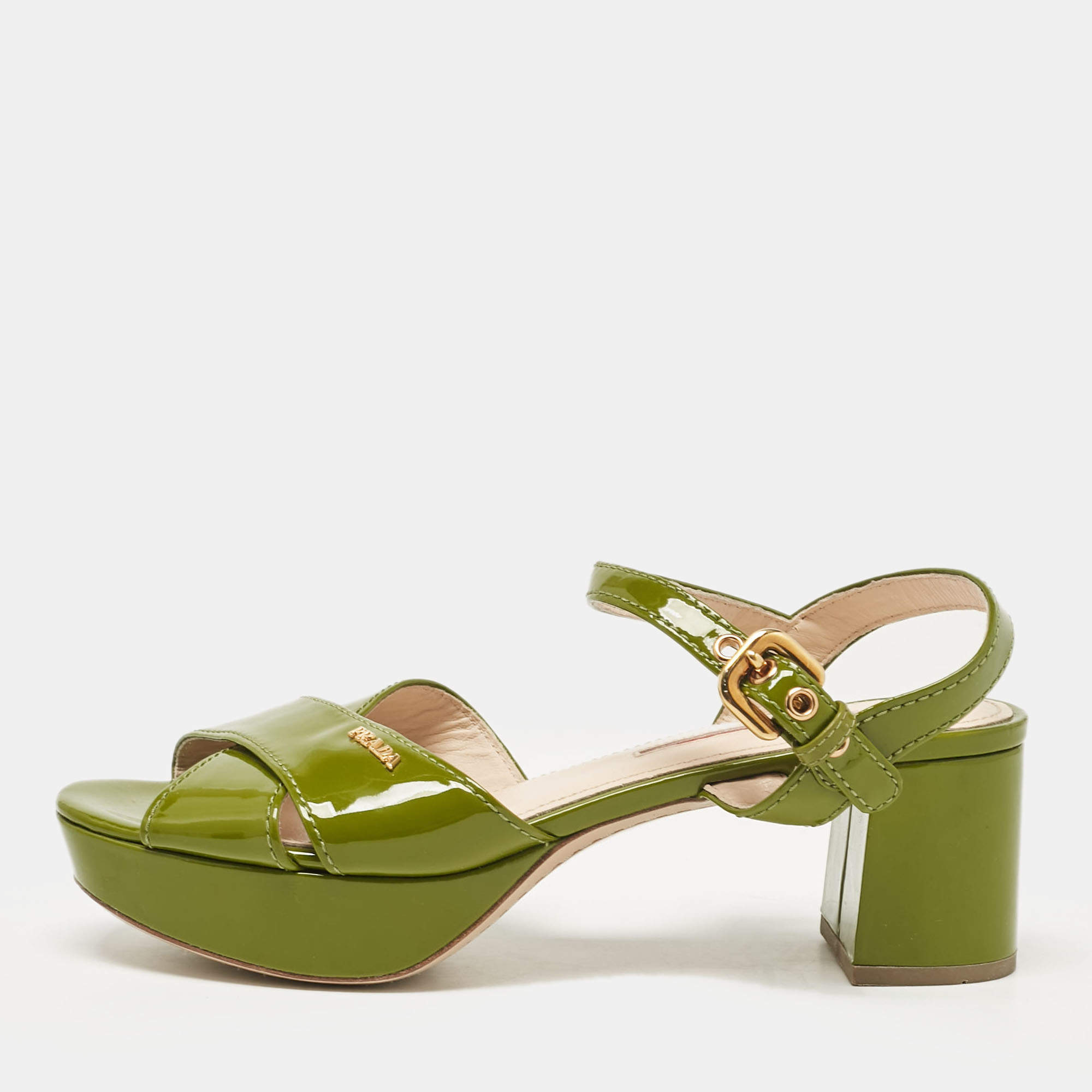 Prada Sport Green Patent Leather Platform Ankle Strap Sandals Size 36