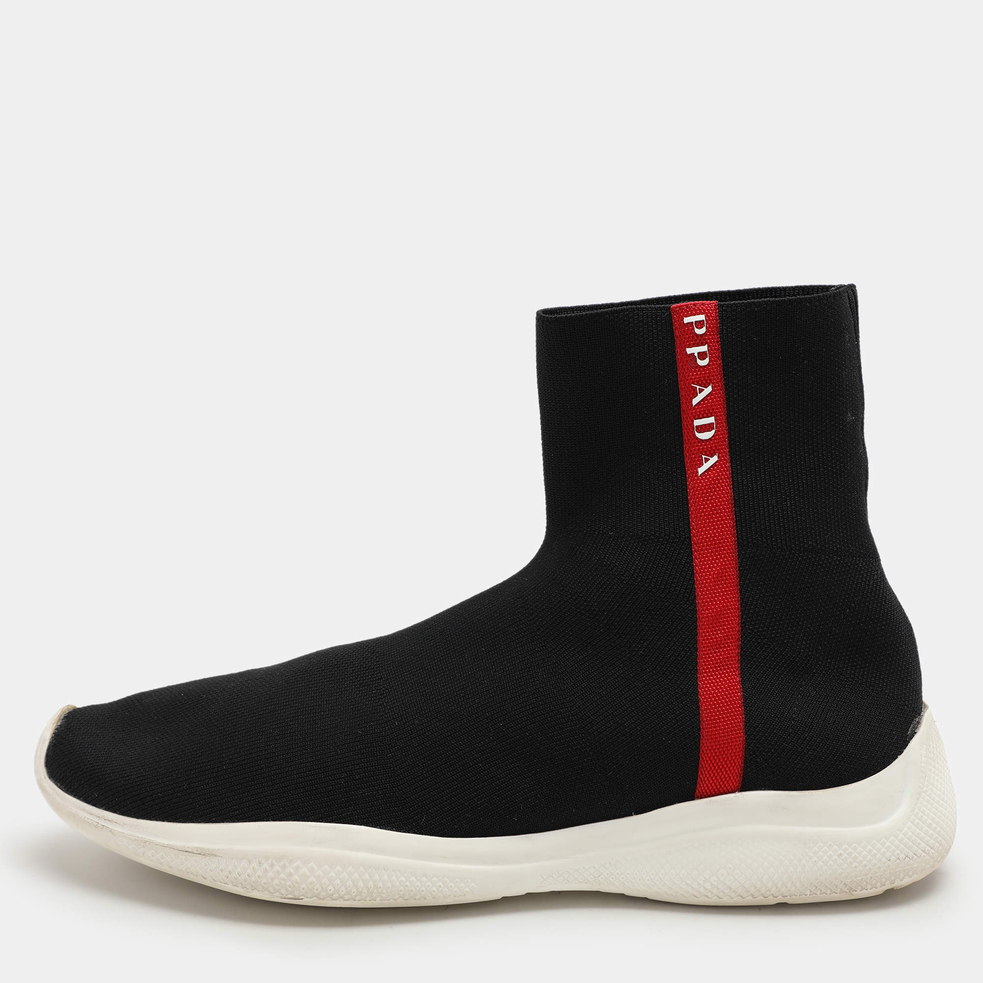 Pre Owned Prada Sport Black Knit Fabric High Top Sneakers Size 39