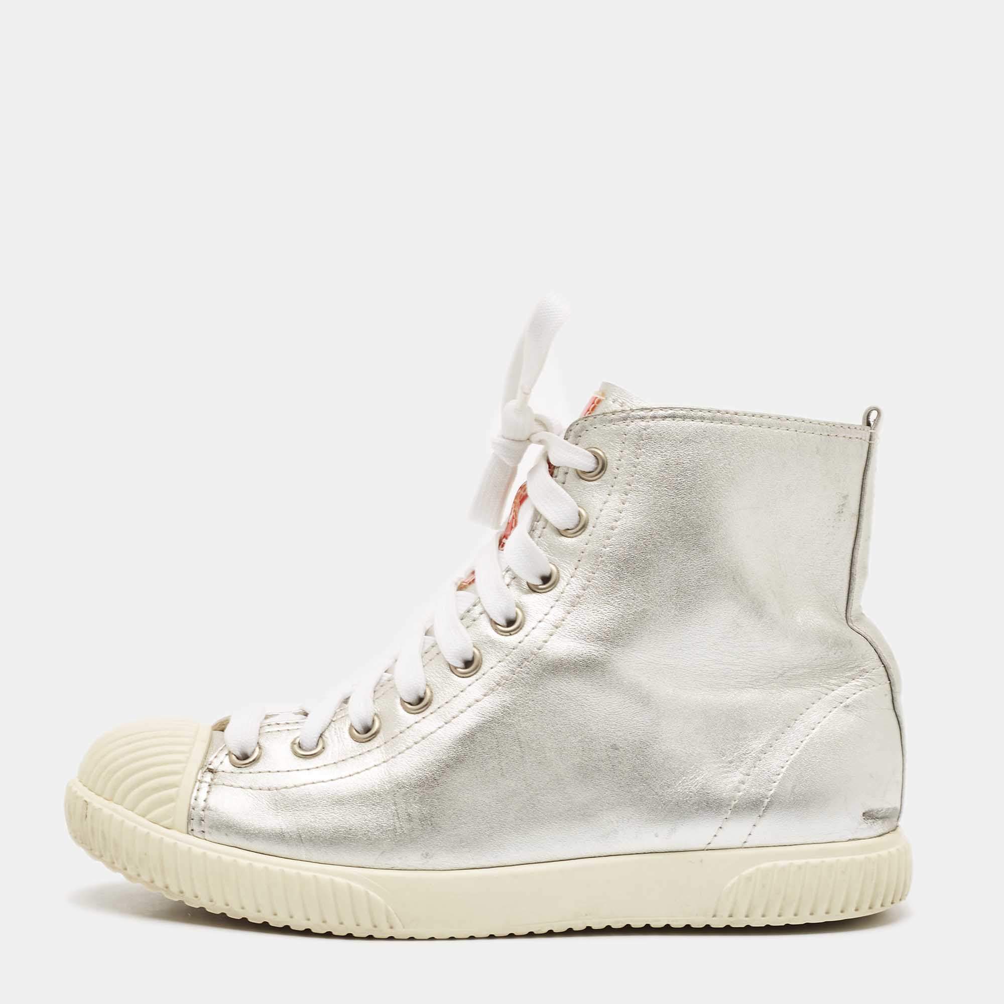 Pre Owned Prada Sport Silver Leather Lace Up High Top Sneakers Size 37