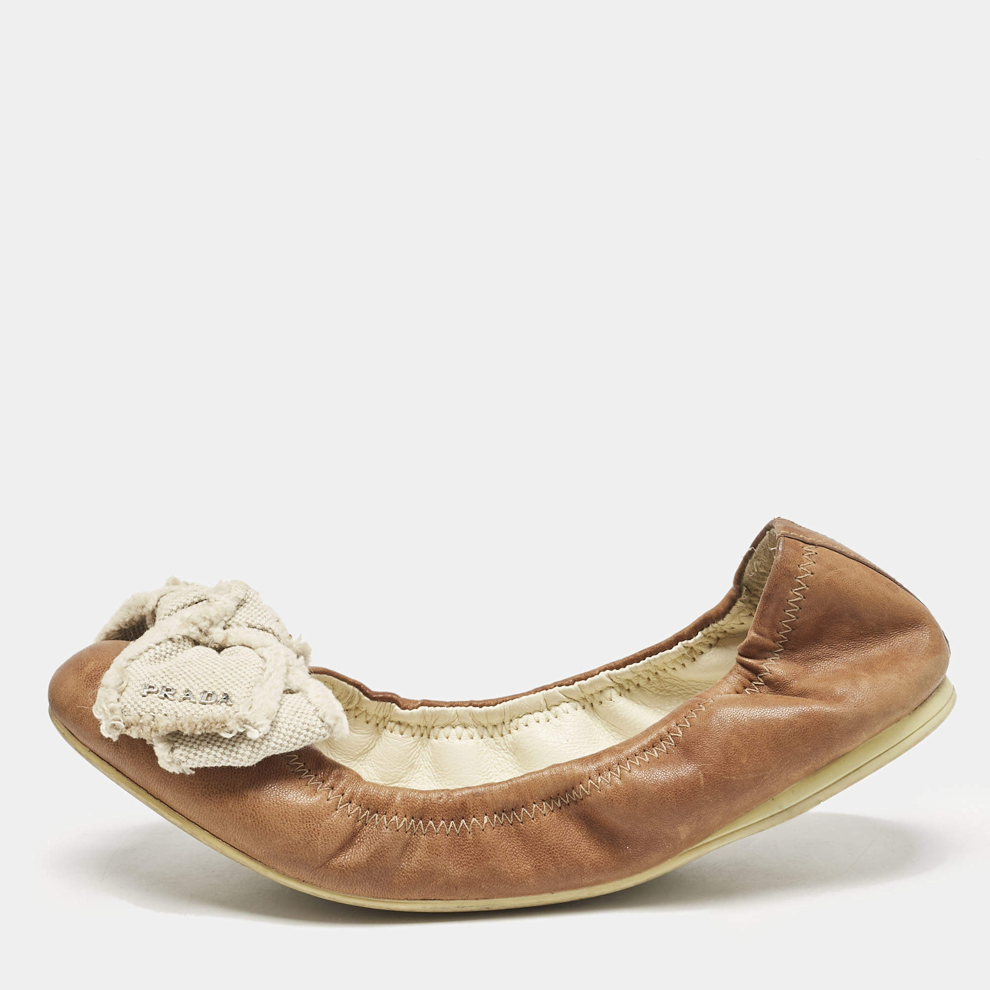 Prada Sport Brown/White Leather And Canvas Scrunch Bow Ballet Flats Size 37.5