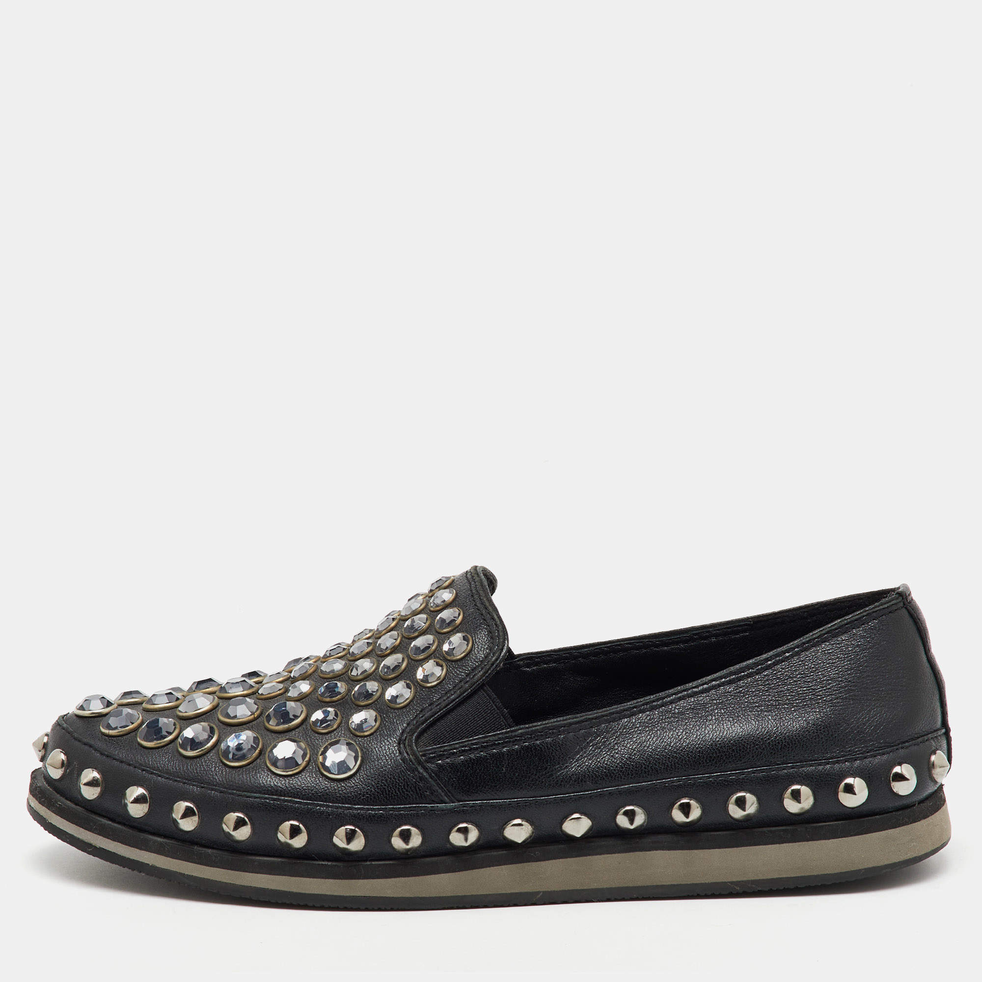 Prada Sport Black Leather Crystal Studded Slip On Loafers Size 37.5