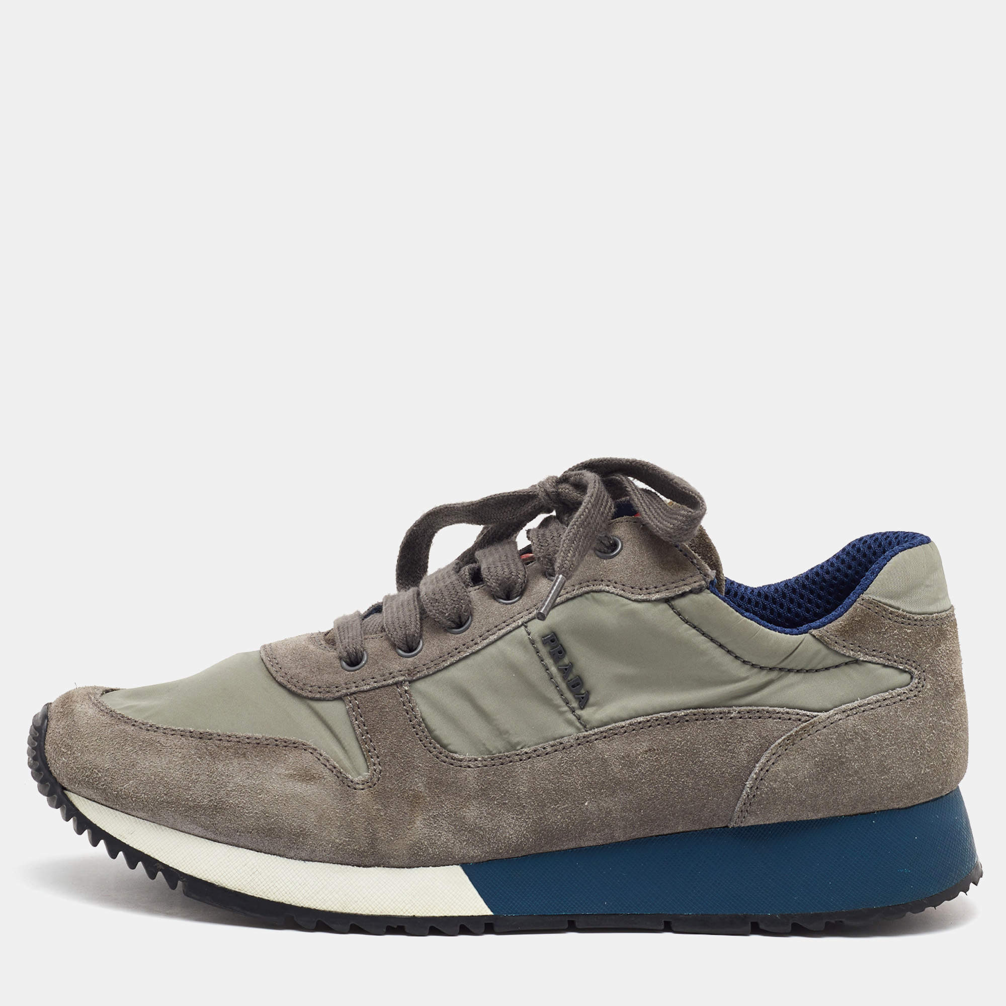 Pre Owned Prada Sport Grey/Light Green Suede and Nylon Low Top Sneakers Size 40