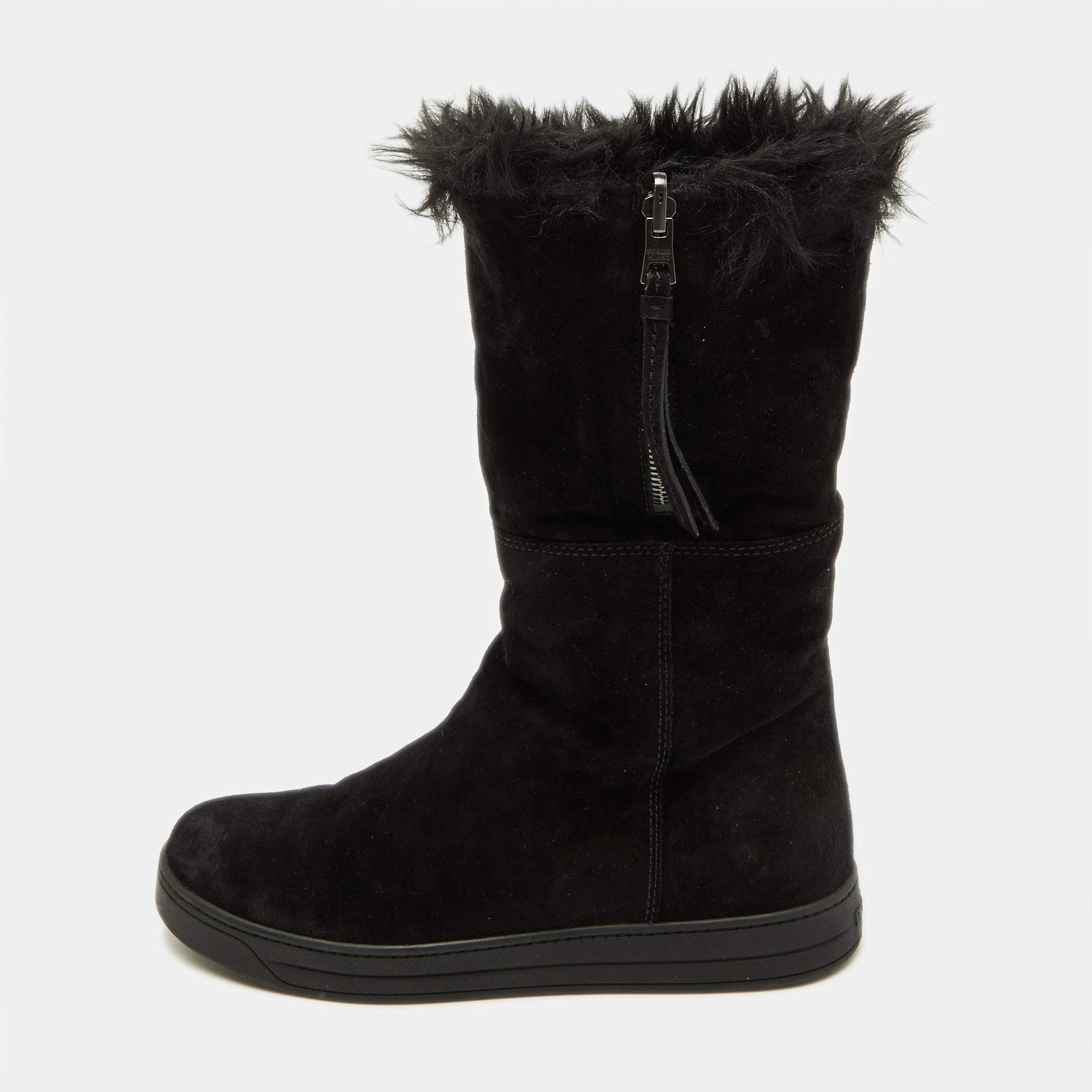 Pre Owned Prada Sport Black Suede and Faux Fur Trim Ankle Length Boots Size 38