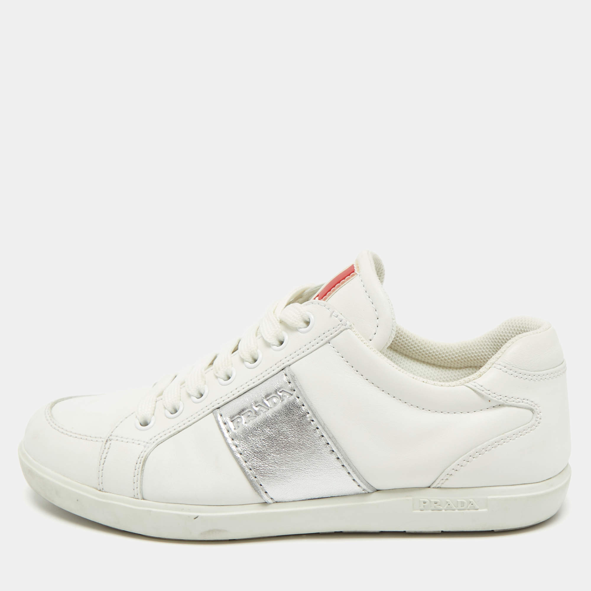 PRADA サイズ38 Prada White/Black Leather Low Top Sneakers Size 38 Prada