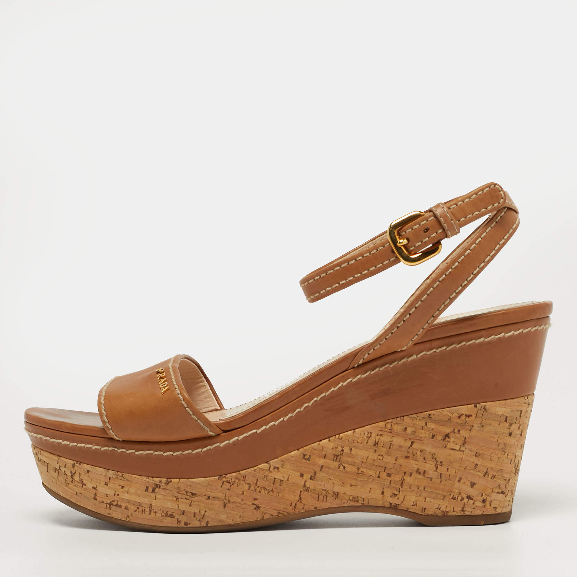 Pre Owned Prada Sport Size 38.5 Tan Leather Wedge Sandals
