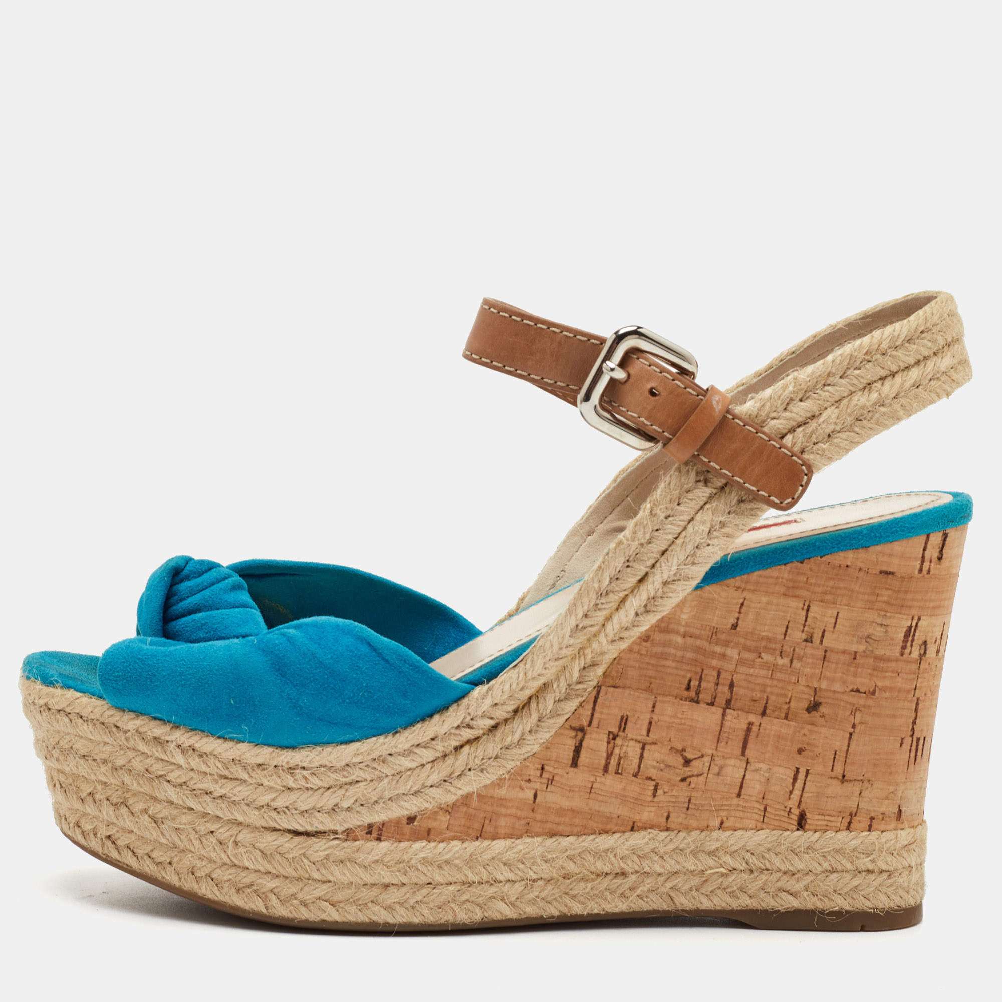 مملوكة مسبقًا Prada Sport Size 37 Blue/Brown Suede and Leather Cork Espadrille Platform Wedge Sandals
