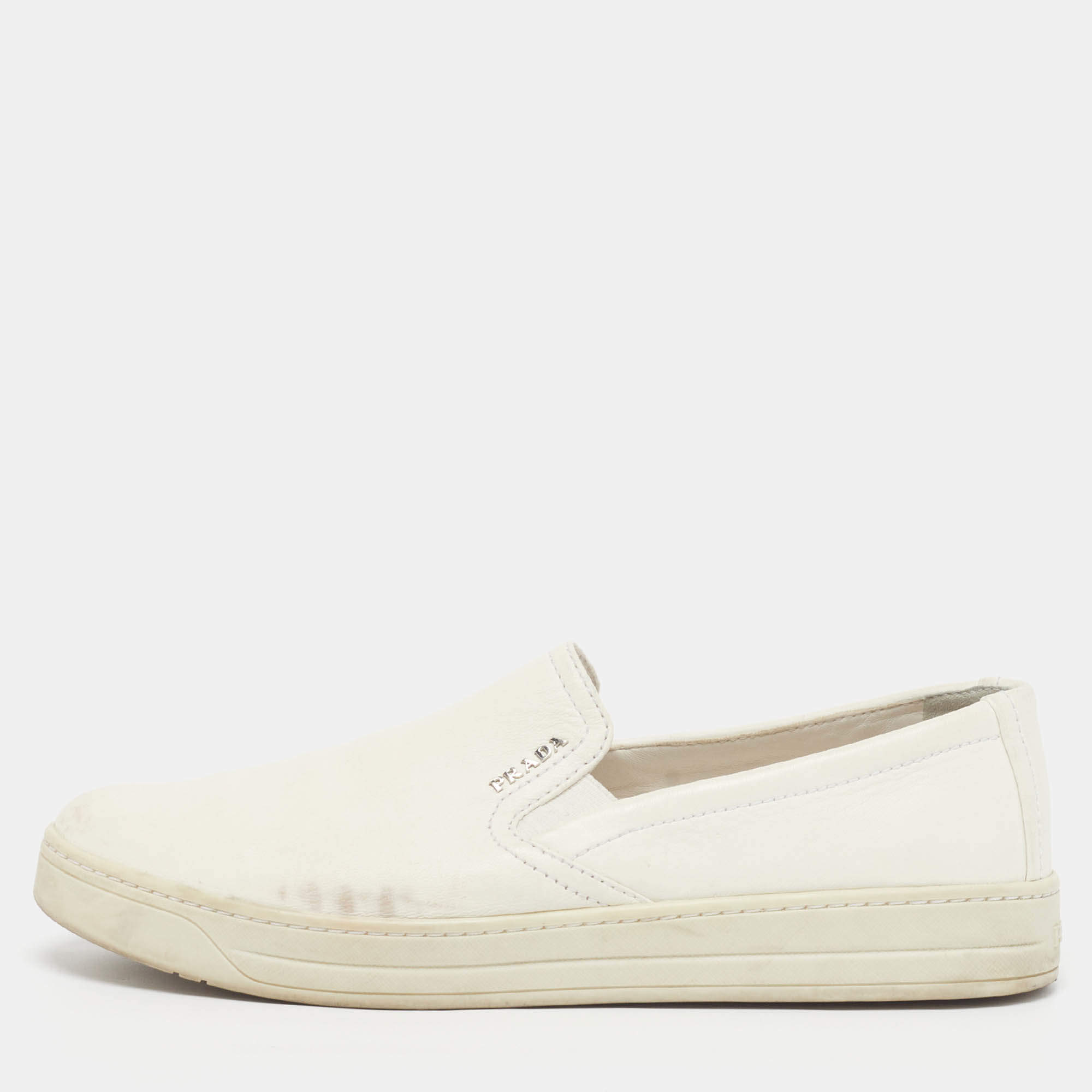 Pre Owned Prada Sport Size 38.5 White Leather Slip On Sneakers