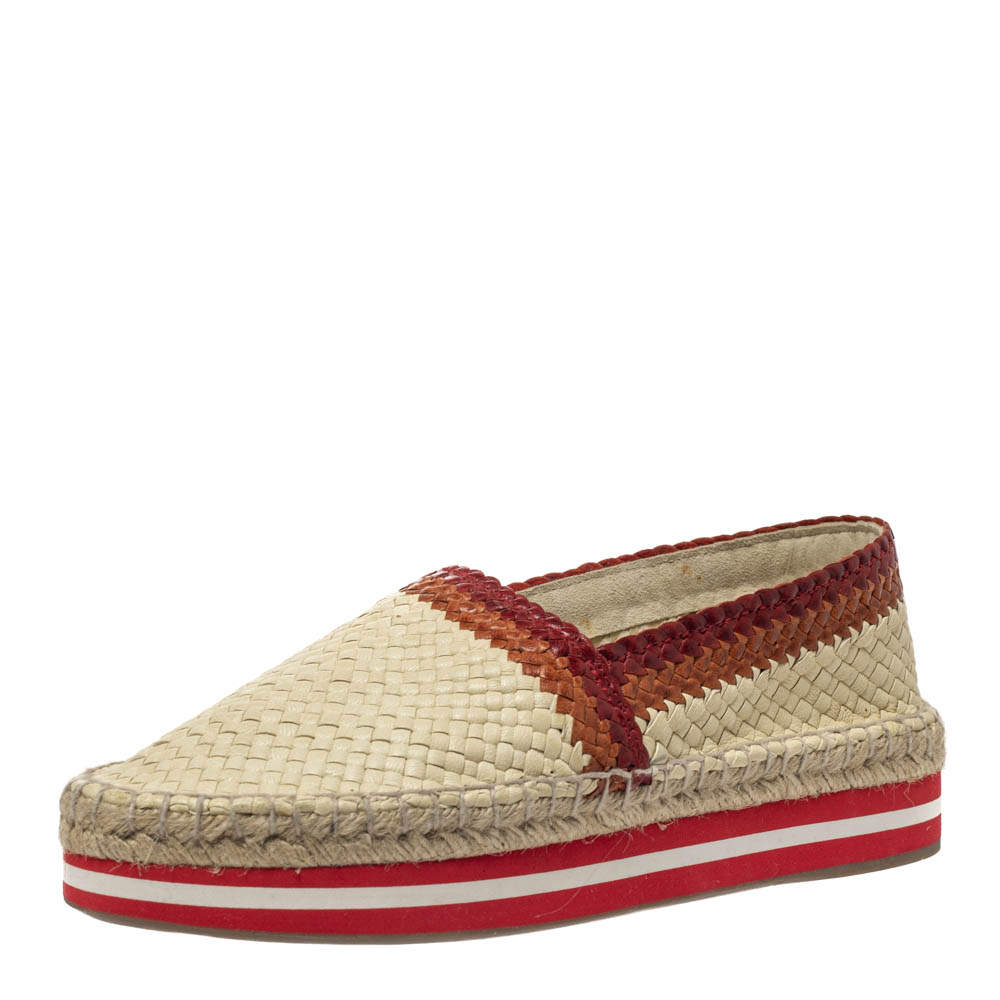 Pre Owned Prada Sport Cream/Red Woven Leather Espadrille Platform Flat Loafers Size 38.5