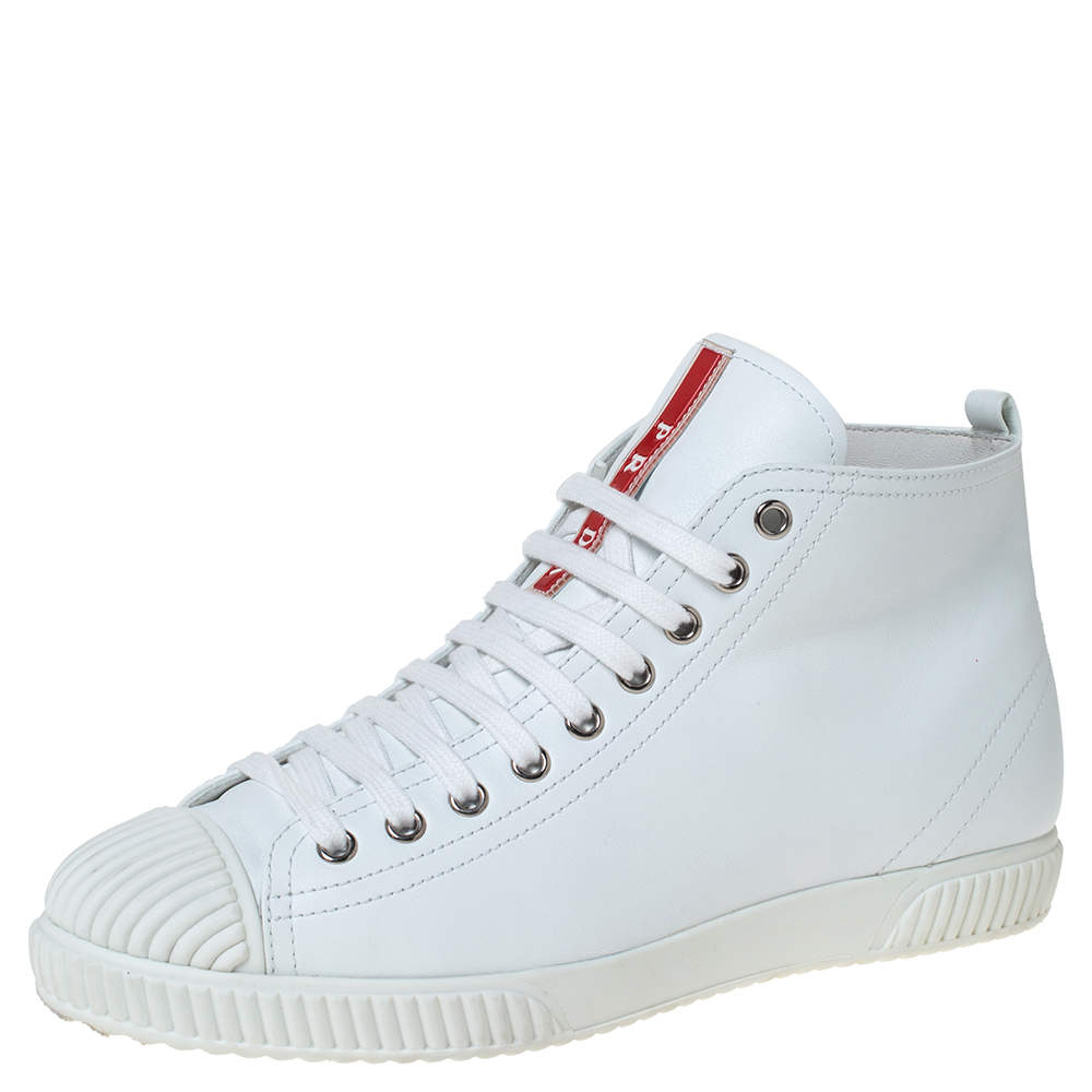 Prada Sport White Leather Lace Up High Top Sneakers Size 39.5