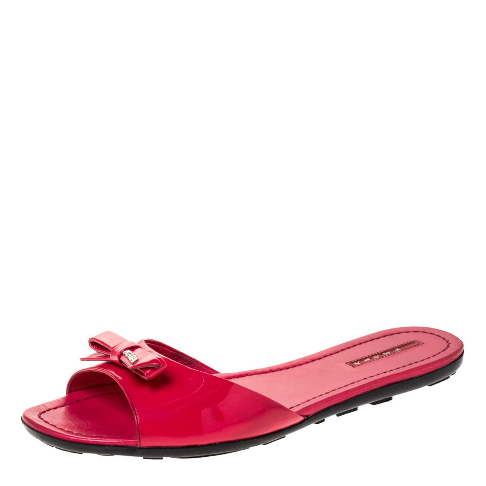 Prada Sport Pink Patent Leather Bow Flat Slides Size 41