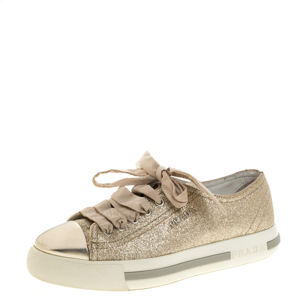 Pre Owned Prada Sport Gold Glitter And Leather Cap Toe Low Top Sneakers Size 36