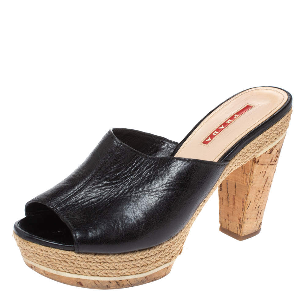 Prada Sport Black Leather Espadrille Cork Heel Slide Platform Sandals Size 38.5