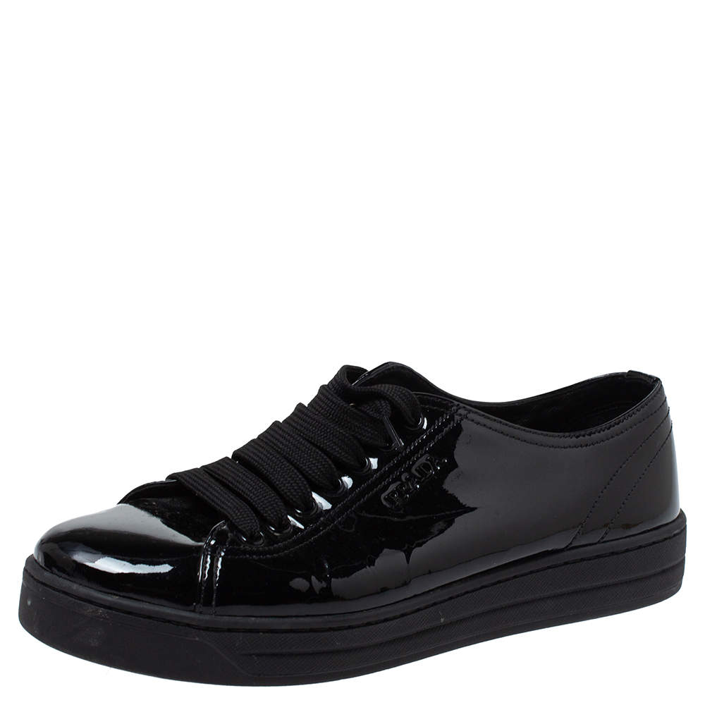 Pre Owned Prada Sports Black Patent Leather Lace Up Sneakers Size 38