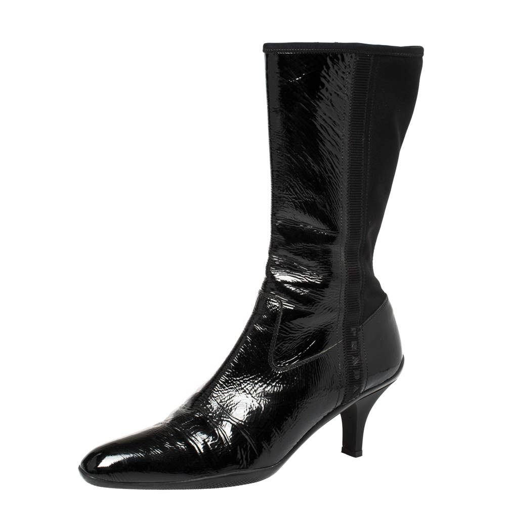 Pre Owned Prada Sport Black Patent Leather And Fabric Mid-Length Boots Size 39.5 
