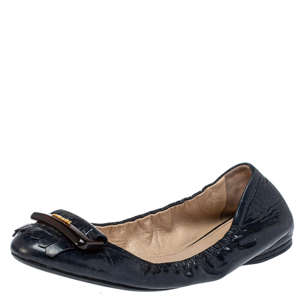 Pre Owned Prada Sport Navy Blue Patent Leather Fringe Detail Scrunch Ballet Flat Size 40