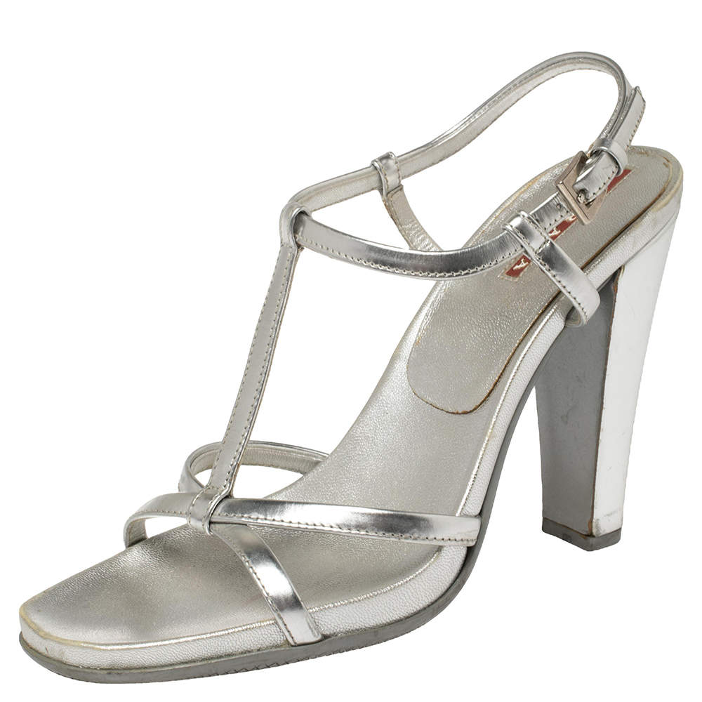 Pre Owned Prada Sport Silver Metallic Leather T-Strap Sandals Size 37