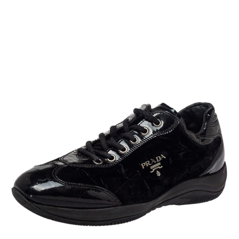 Pre Owned Prada Sports Black Patent Leather And Velvet Low Top Sneakers Size 37