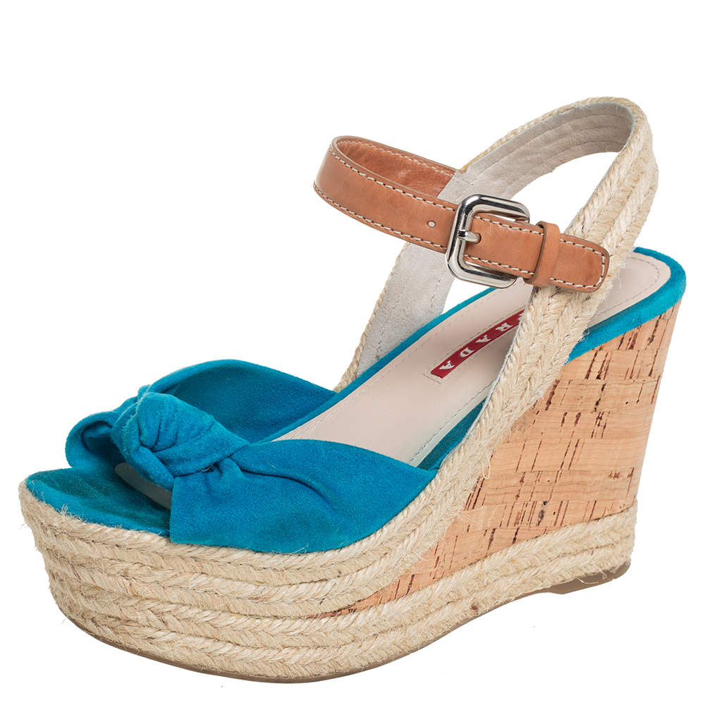 Pre Owned Prada Sport Blue Suede And Leather Cork Wedge Espadrille Platform Ankle Strap Sandals Size 35