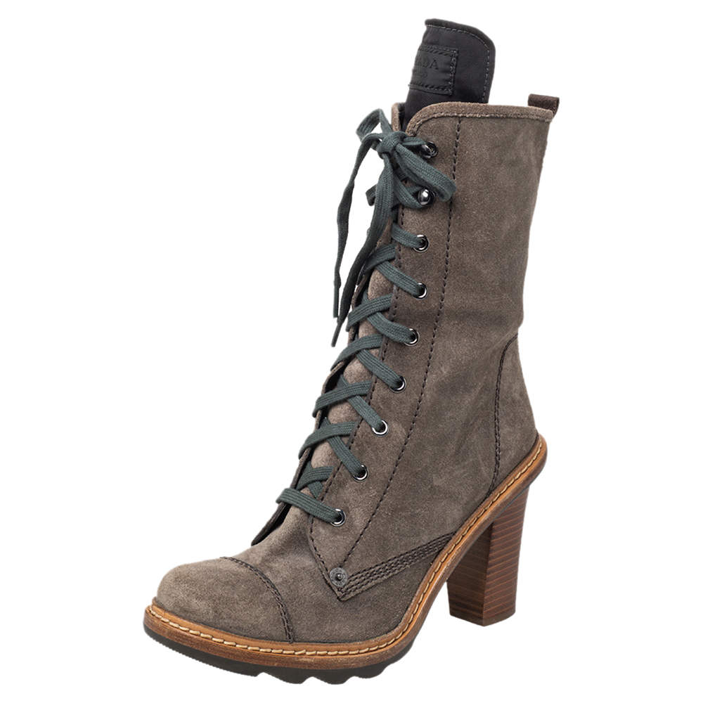 Pre Owned Prada Sport Grey Suede Block Heel Lace Up Mid Calf Boots Size 37.5
