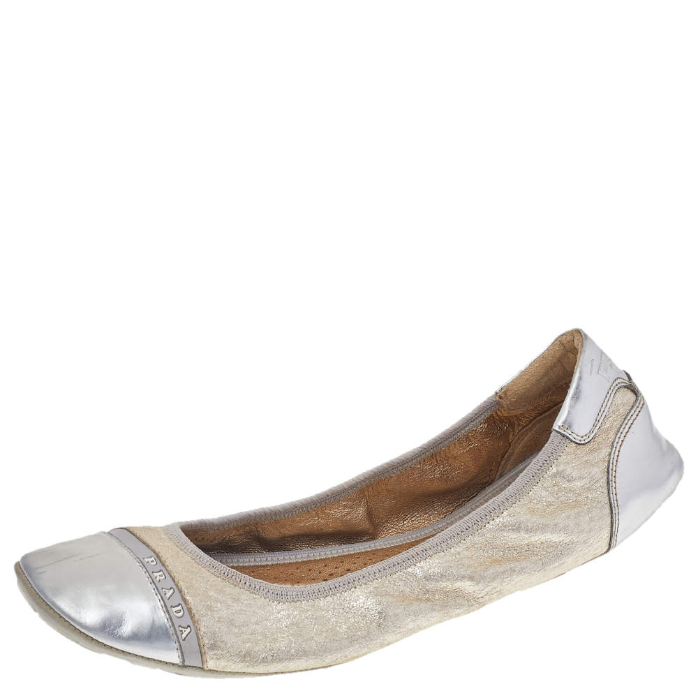 Pre Owned Prada Sport Gold/Silver Leather Scrunch Ballet Flats Size 39.5