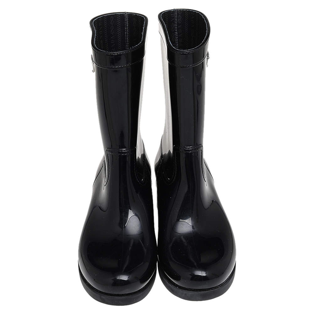 PRADA Sport Rubber Metal Triangle Logo Ankle Rain Boots 39 Black 1194424